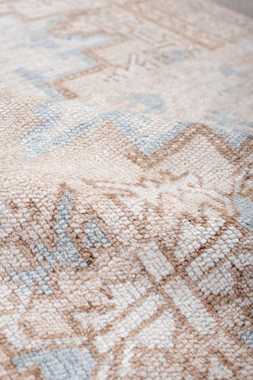 3' x 4' one-of-a-kind handmade antique Belouch small size rug. Color palette: ivory, camel, pale blue, beige, taupe