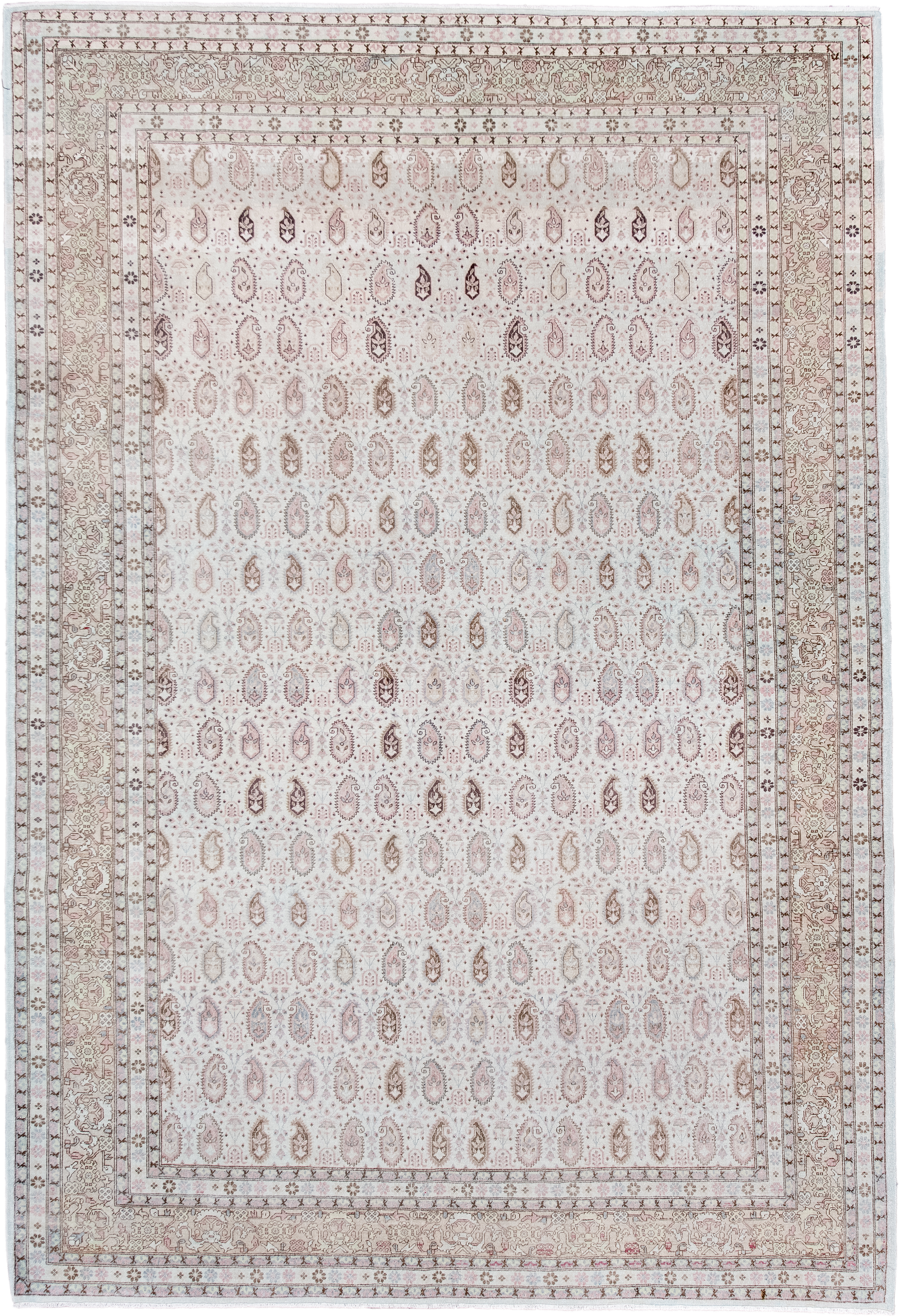 6' x 9' one-of-a-kind handmade antique Sivas medium size rug. Color palette: ivory, blush, taupe, beige, dusty rose, brown