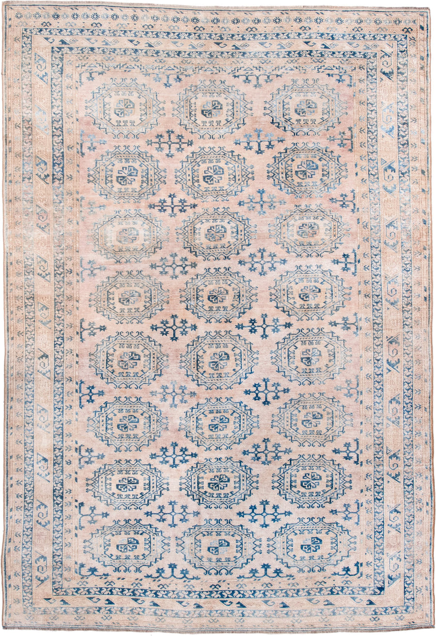 7' x 10' one-of-a-kind handmade antique Afghan large size rug. Color palette: blush, sky blue, ivory, powder blue, beige