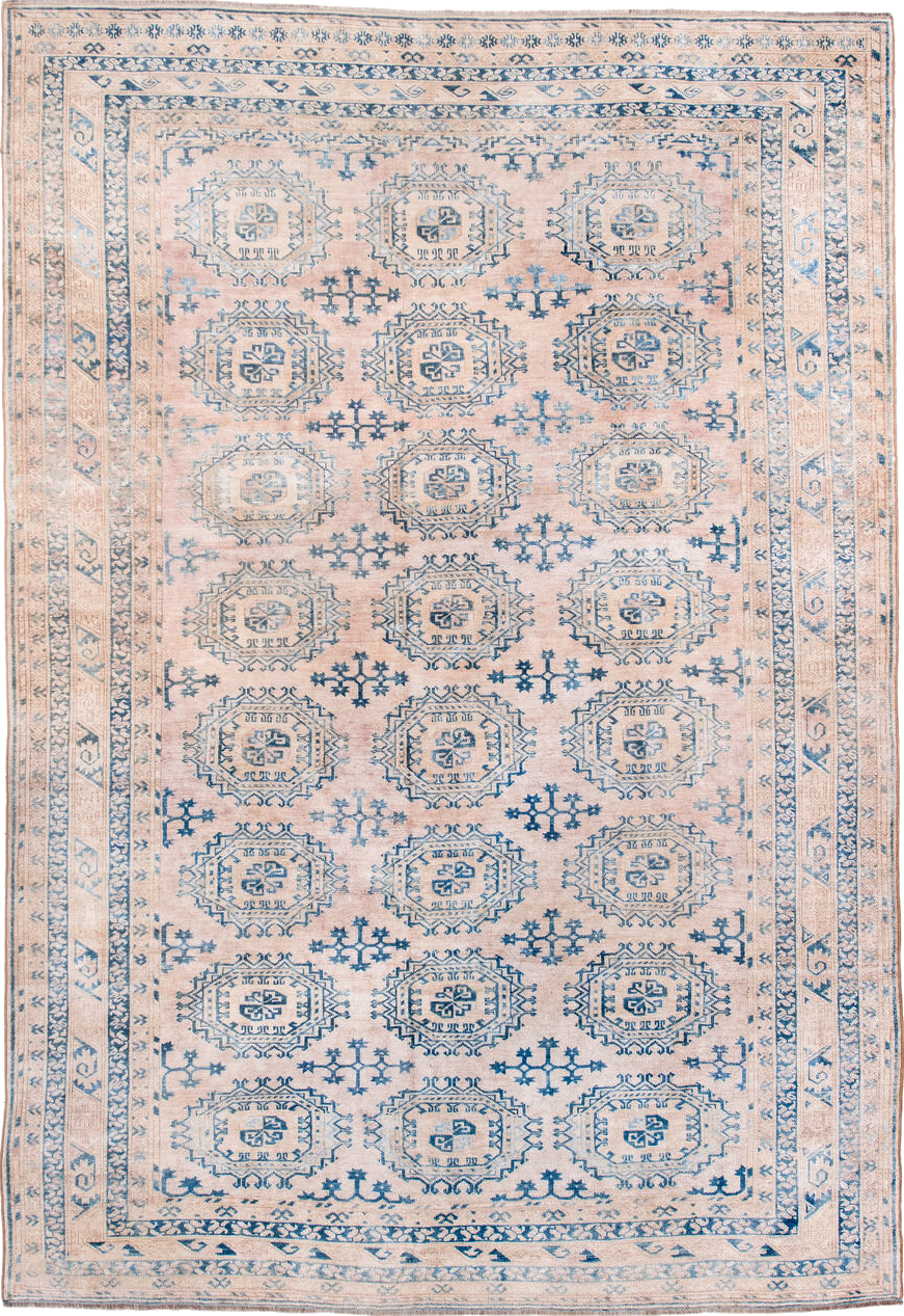 7' x 10' one-of-a-kind handmade vintage Afghan large size rug. Color palette: blue, dark gray, fiord, gray, light blue