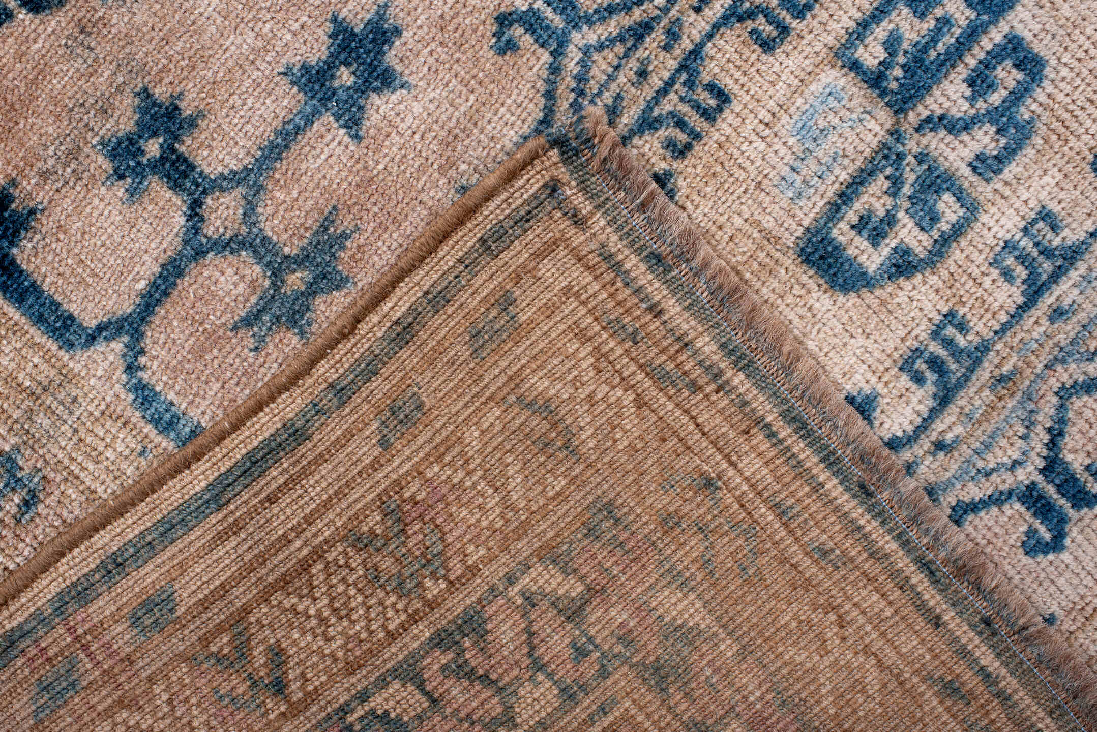 7' x 10' one-of-a-kind handmade vintage Afghan large size rug. Color palette: blue, dark gray, fiord, gray, light blue