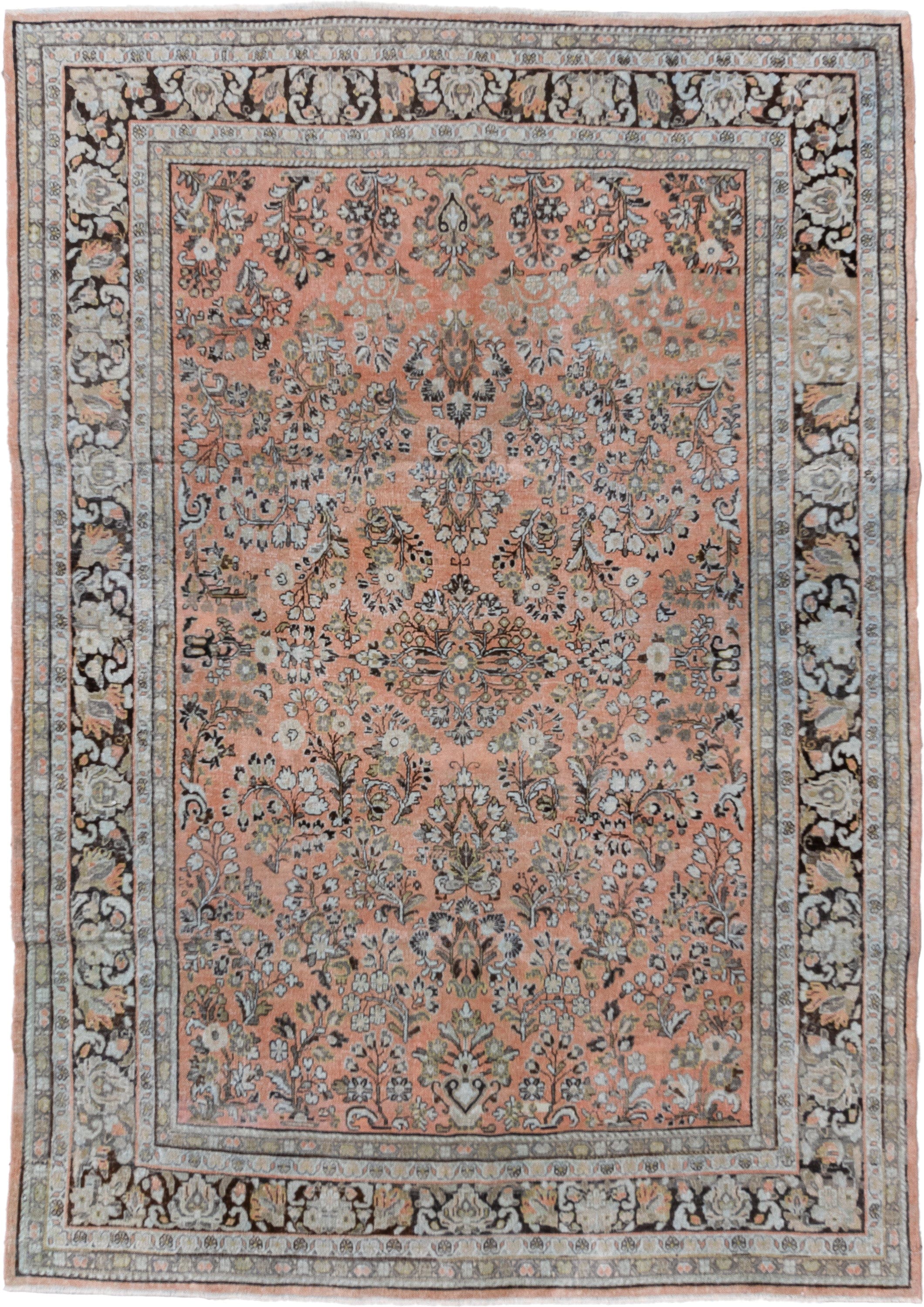 6' x 8' one-of-a-kind handmade vintage Sarouk medium size rug. Color palette: rose, ivory, charcoal, sage, taupe, peach