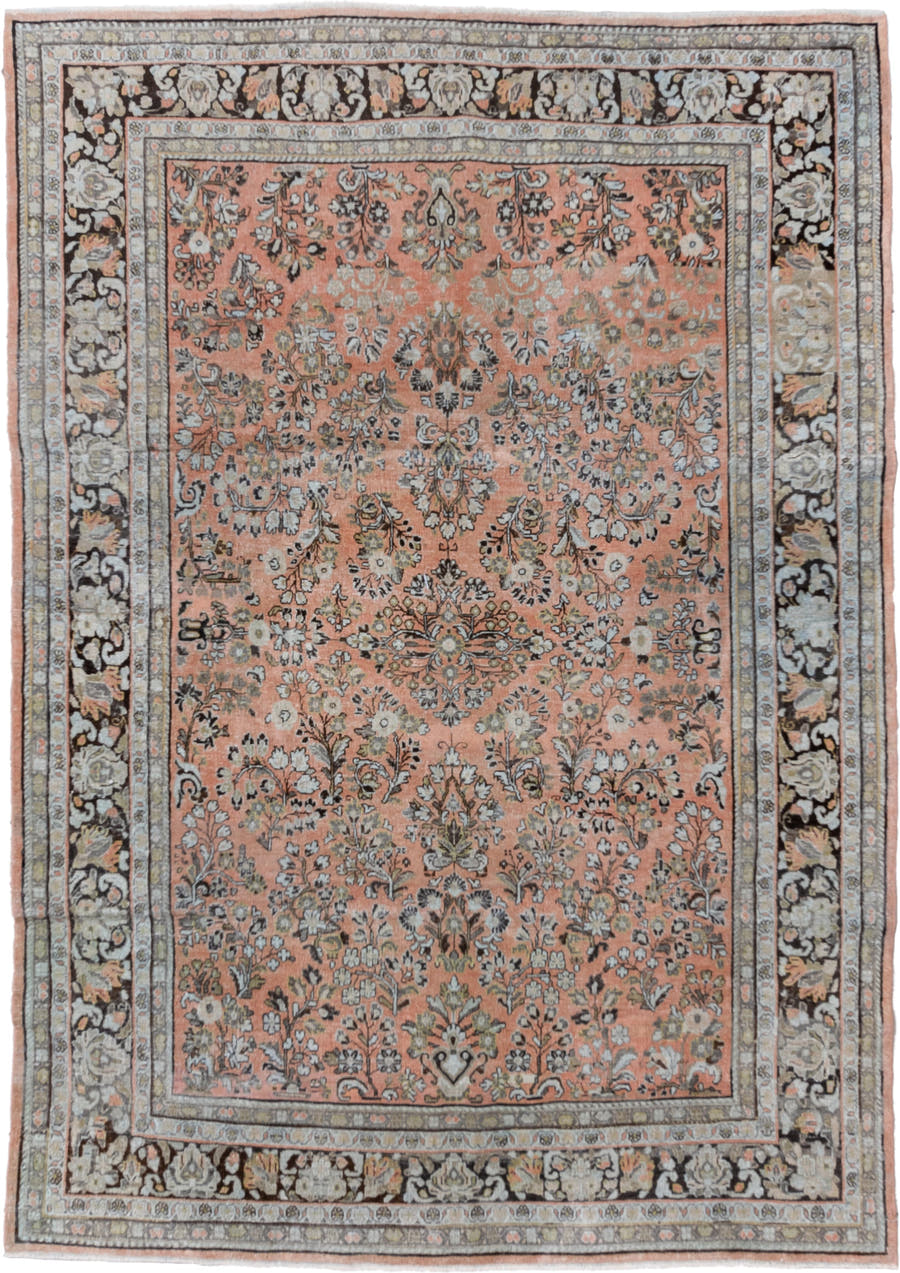 6' x 8' one-of-a-kind handmade vintage Sarouk medium size rug. Color palette: rose, ivory, charcoal, sage, taupe, peach