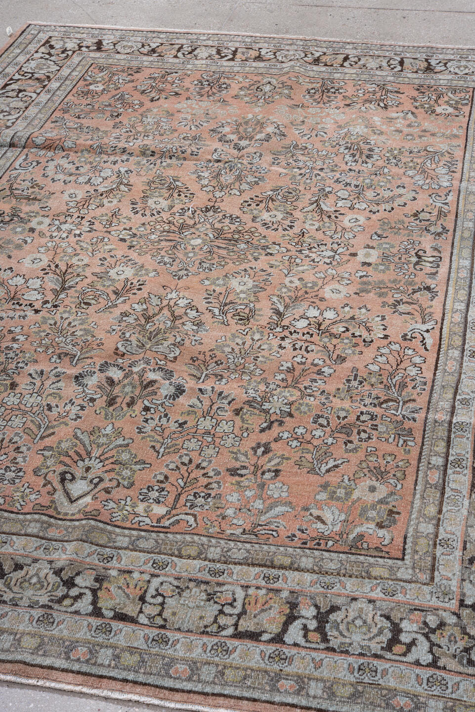 6' x 8' one-of-a-kind handmade vintage Sarouk medium size rug. Color palette: rose, ivory, charcoal, sage, taupe, peach
