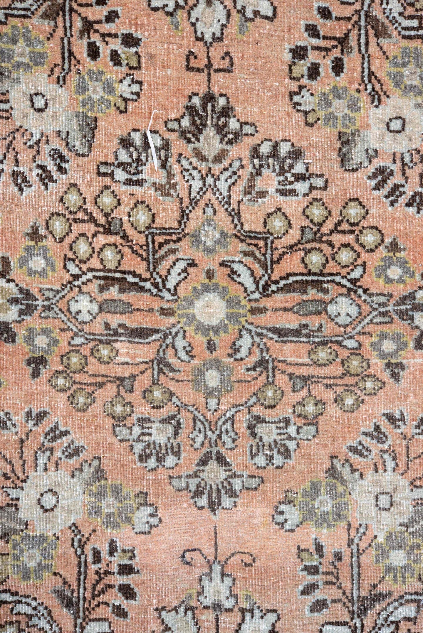 6' x 8' one-of-a-kind handmade vintage Sarouk medium size rug. Color palette: rose, ivory, charcoal, sage, taupe, peach
