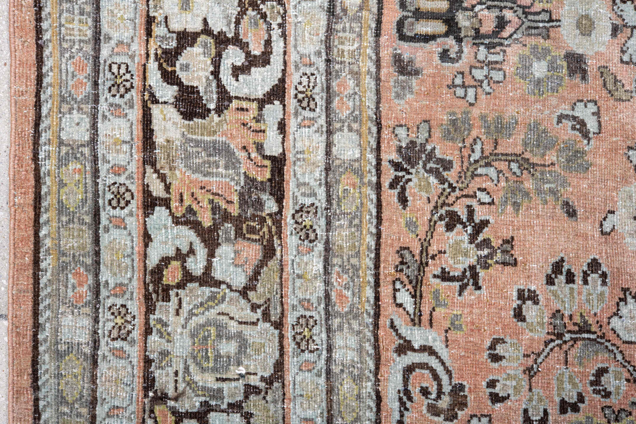 6' x 8' one-of-a-kind handmade vintage Sarouk medium size rug. Color palette: rose, ivory, charcoal, sage, taupe, peach