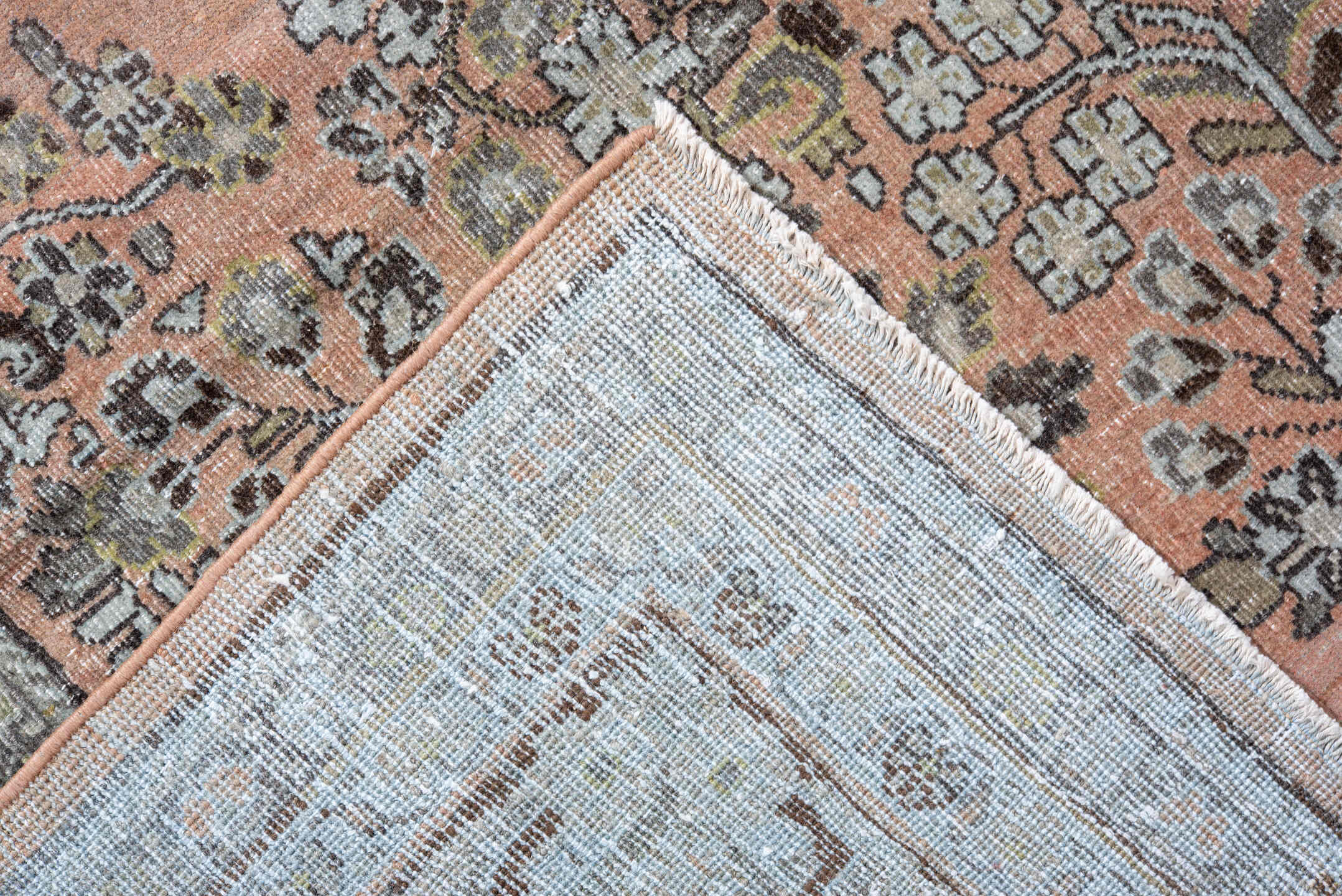 6' x 8' one-of-a-kind handmade vintage Sarouk medium size rug. Color palette: rose, ivory, charcoal, sage, taupe, peach