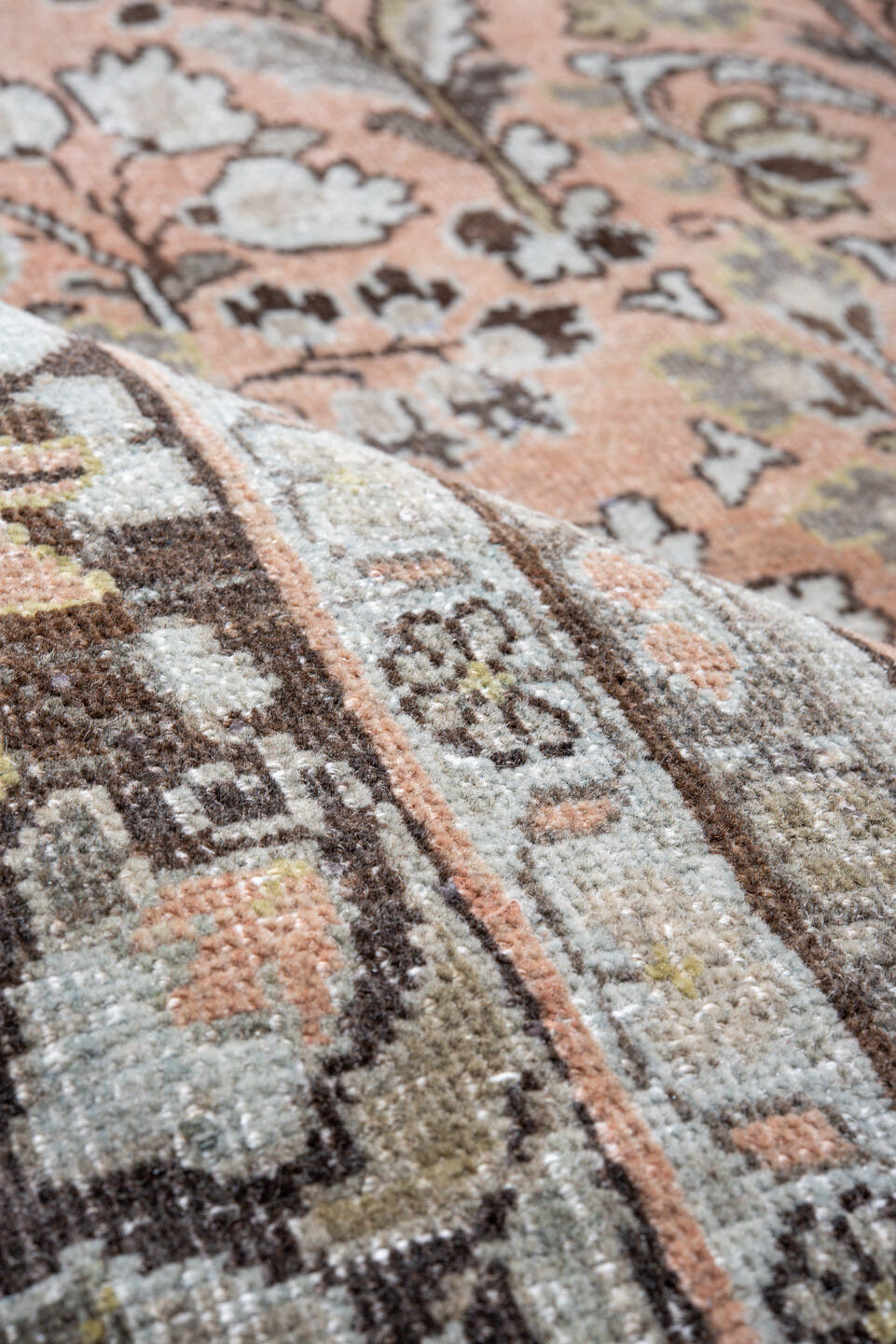 6' x 8' one-of-a-kind handmade vintage Sarouk medium size rug. Color palette: rose, ivory, charcoal, sage, taupe, peach
