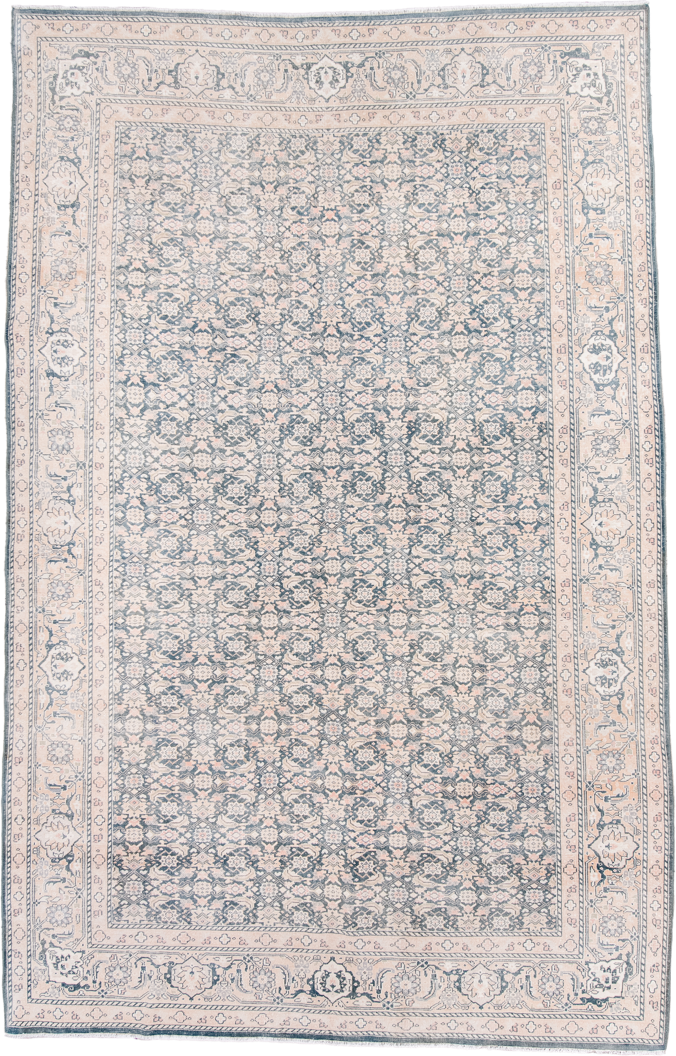 6' x 10' one-of-a-kind handmade antique Tabriz large size rug. Color palette: ivory, pale blue, blush, taupe, slate