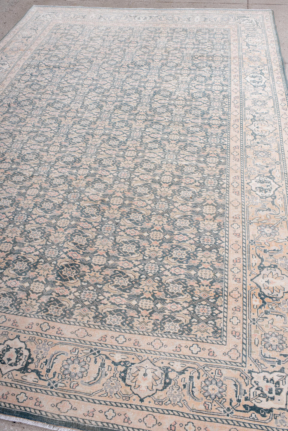 6' x 10' one-of-a-kind handmade antique Tabriz large size rug. Color palette: ivory, pale blue, blush, taupe, slate