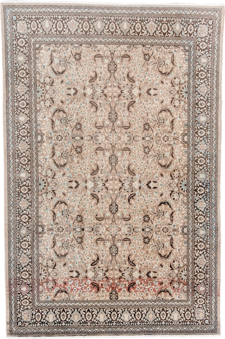 6' x 10' one-of-a-kind handmade antique Sivas large size rug. Color palette: beige, brown, ivory, taupe, pale blue, rose