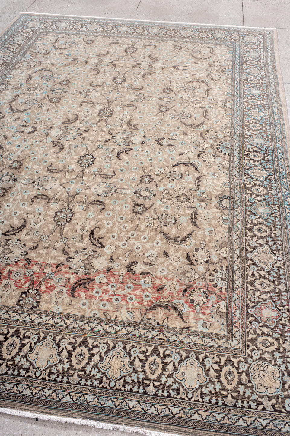 6' x 10' one-of-a-kind handmade antique Sivas large size rug. Color palette: beige, brown, ivory, taupe, pale blue, rose