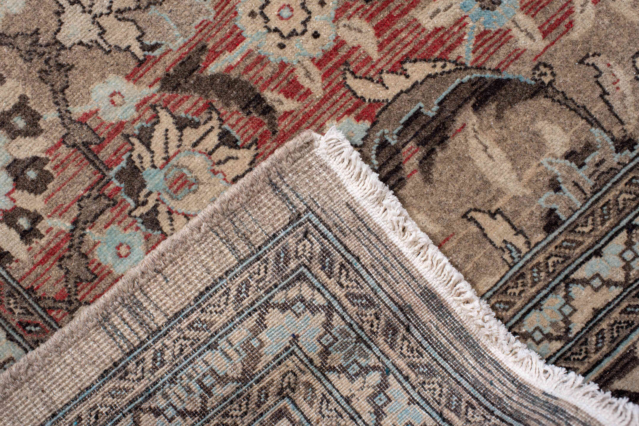 6' x 10' one-of-a-kind handmade antique Sivas large size rug. Color palette: beige, brown, ivory, taupe, pale blue, rose