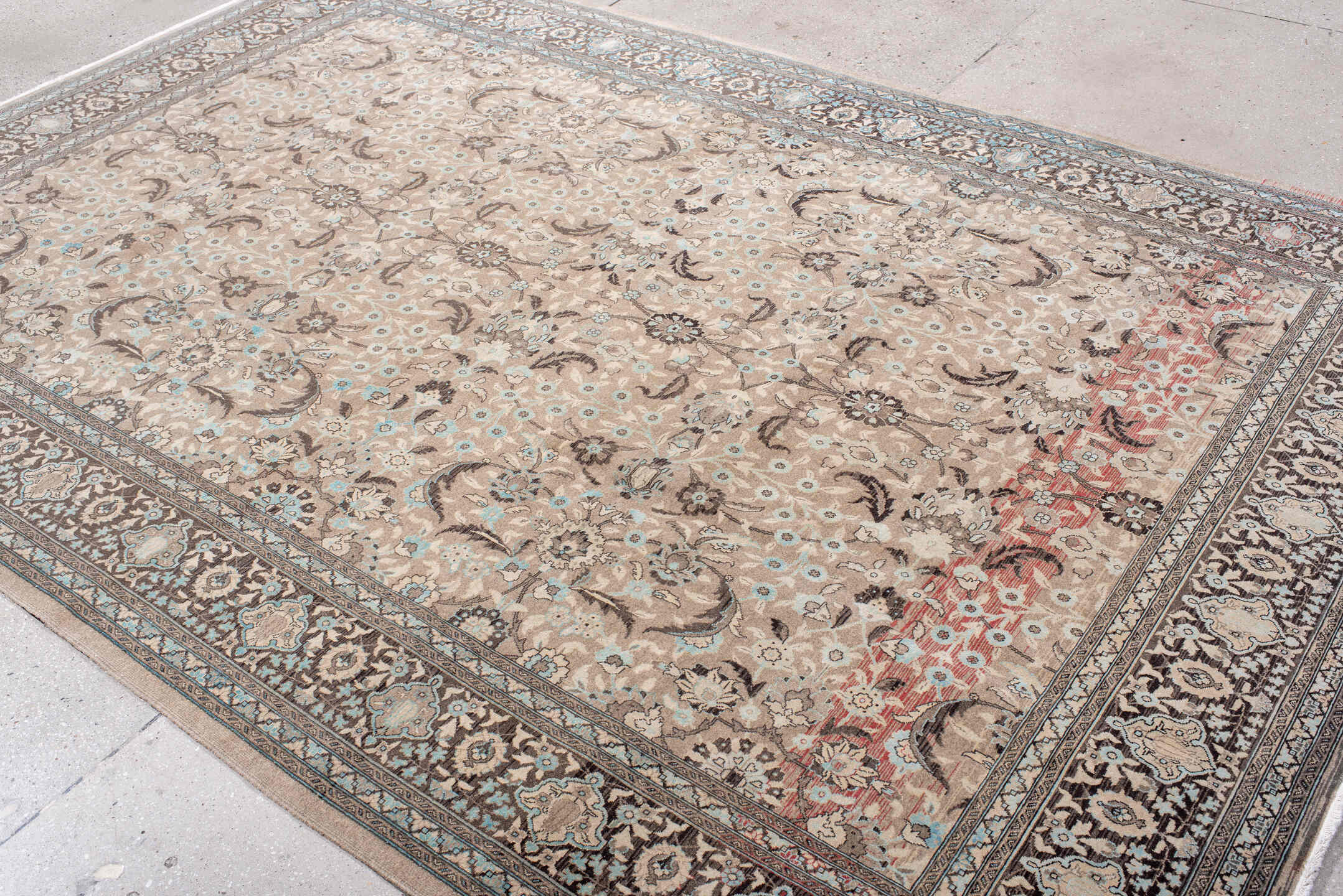 6' x 10' one-of-a-kind handmade antique Sivas large size rug. Color palette: beige, brown, ivory, taupe, pale blue, rose
