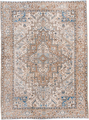 6' x 8' one-of-a-kind handmade antique Heriz medium size rug. Color palette: ivory, taupe, sky blue, camel, brown, beige