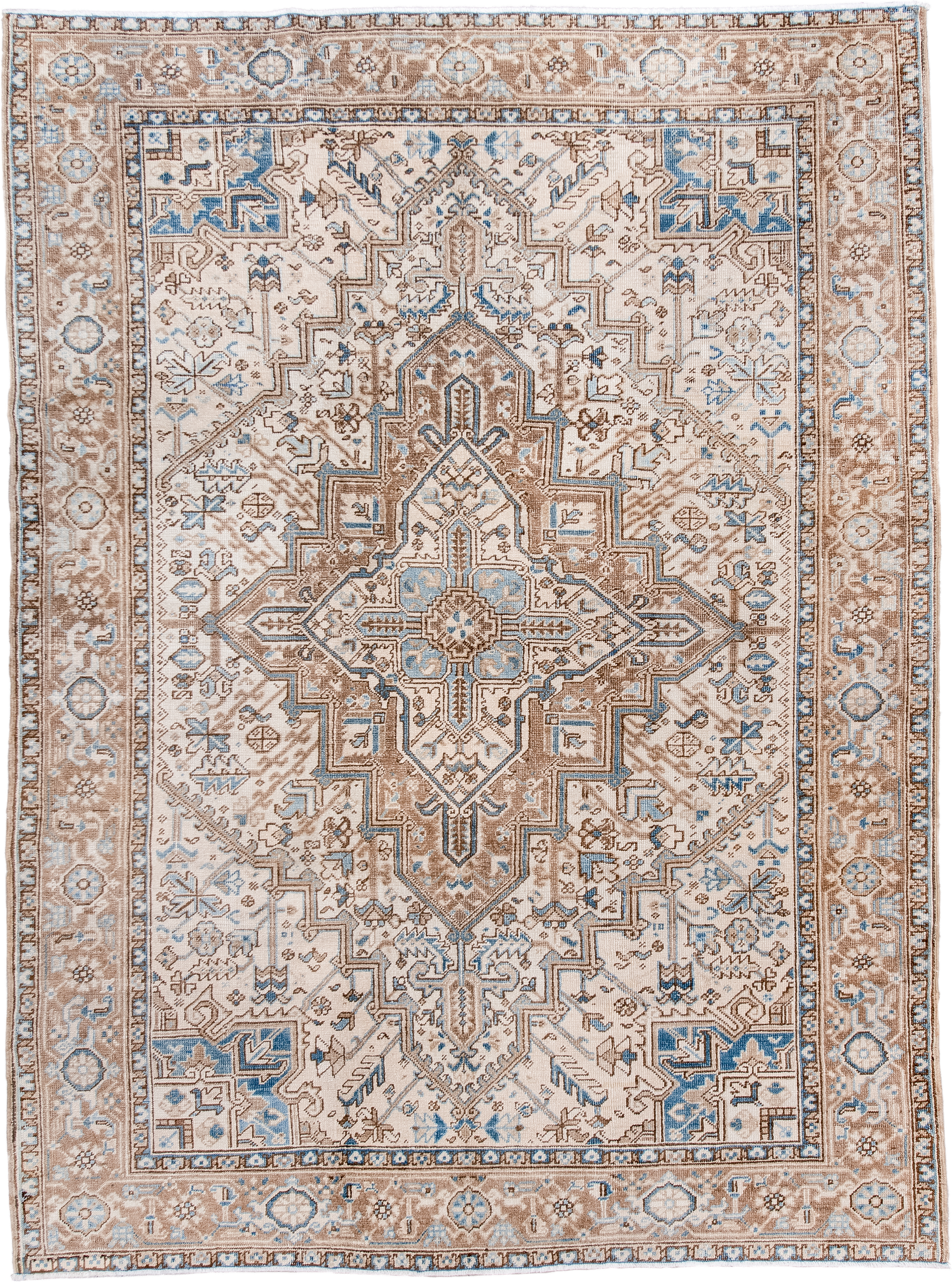 6' x 8' one-of-a-kind handmade antique Heriz medium size rug. Color palette: ivory, taupe, sky blue, camel, brown, beige