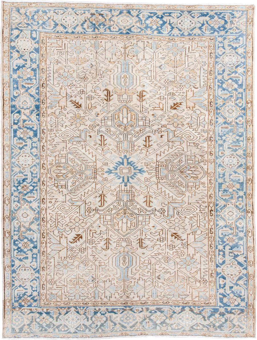 6' x 8' one-of-a-kind handmade antique Heriz medium size rug. Color palette: ivory, sky blue, camel, taupe, light brown