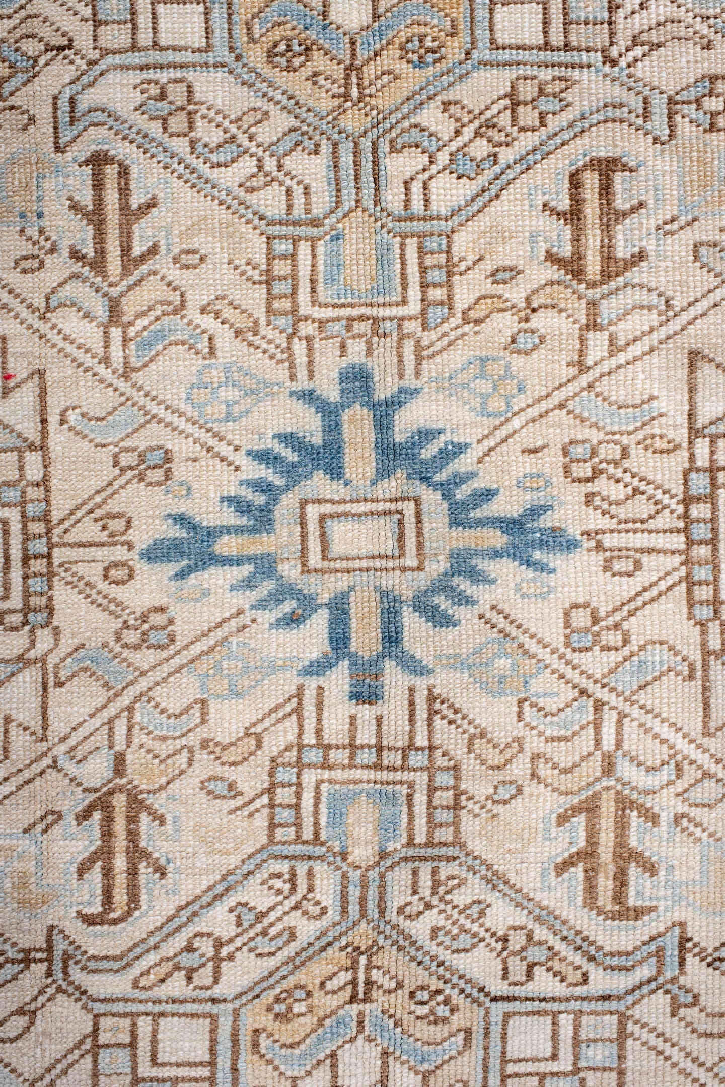 6' x 8' one-of-a-kind handmade antique Heriz medium size rug. Color palette: ivory, sky blue, camel, taupe, light brown