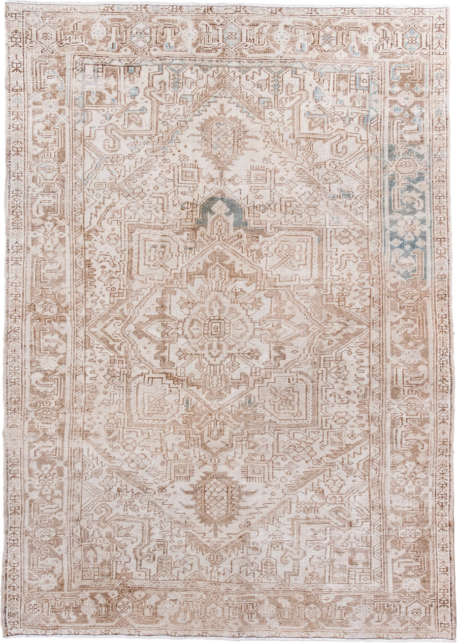 6' x 8' one-of-a-kind handmade antique Heriz medium size rug. Color palette: ivory, camel, taupe, beige, pale blue, sand
