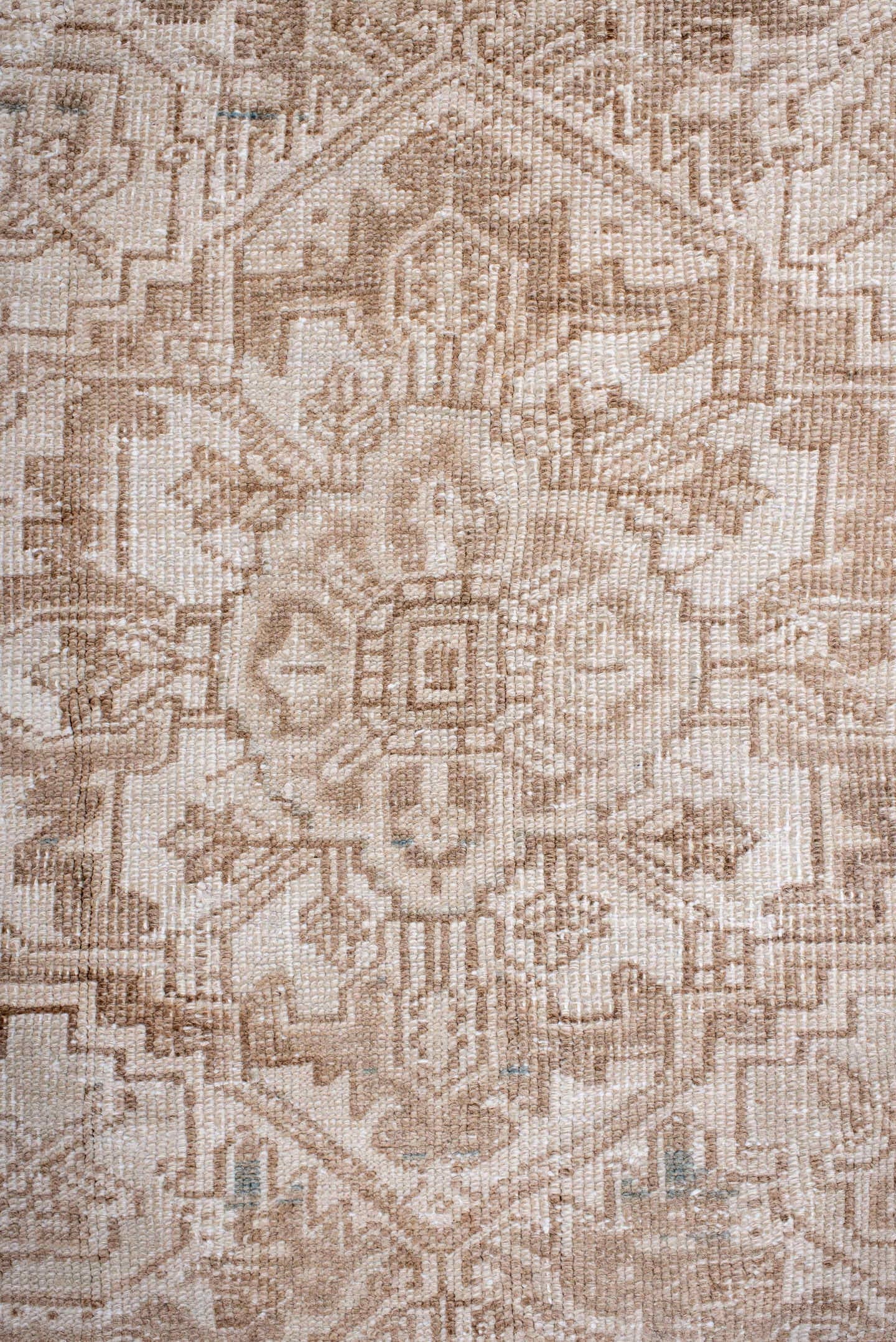 6' x 8' one-of-a-kind handmade antique Heriz medium size rug. Color palette: ivory, camel, taupe, beige, pale blue, sand