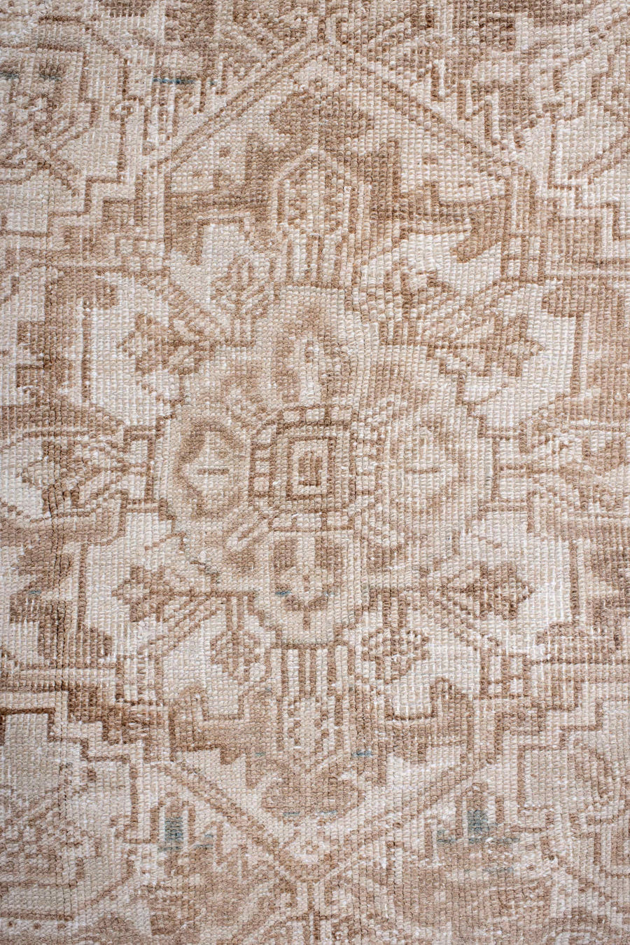 6' x 8' one-of-a-kind handmade antique Heriz medium size rug. Color palette: ivory, camel, taupe, beige, pale blue, sand
