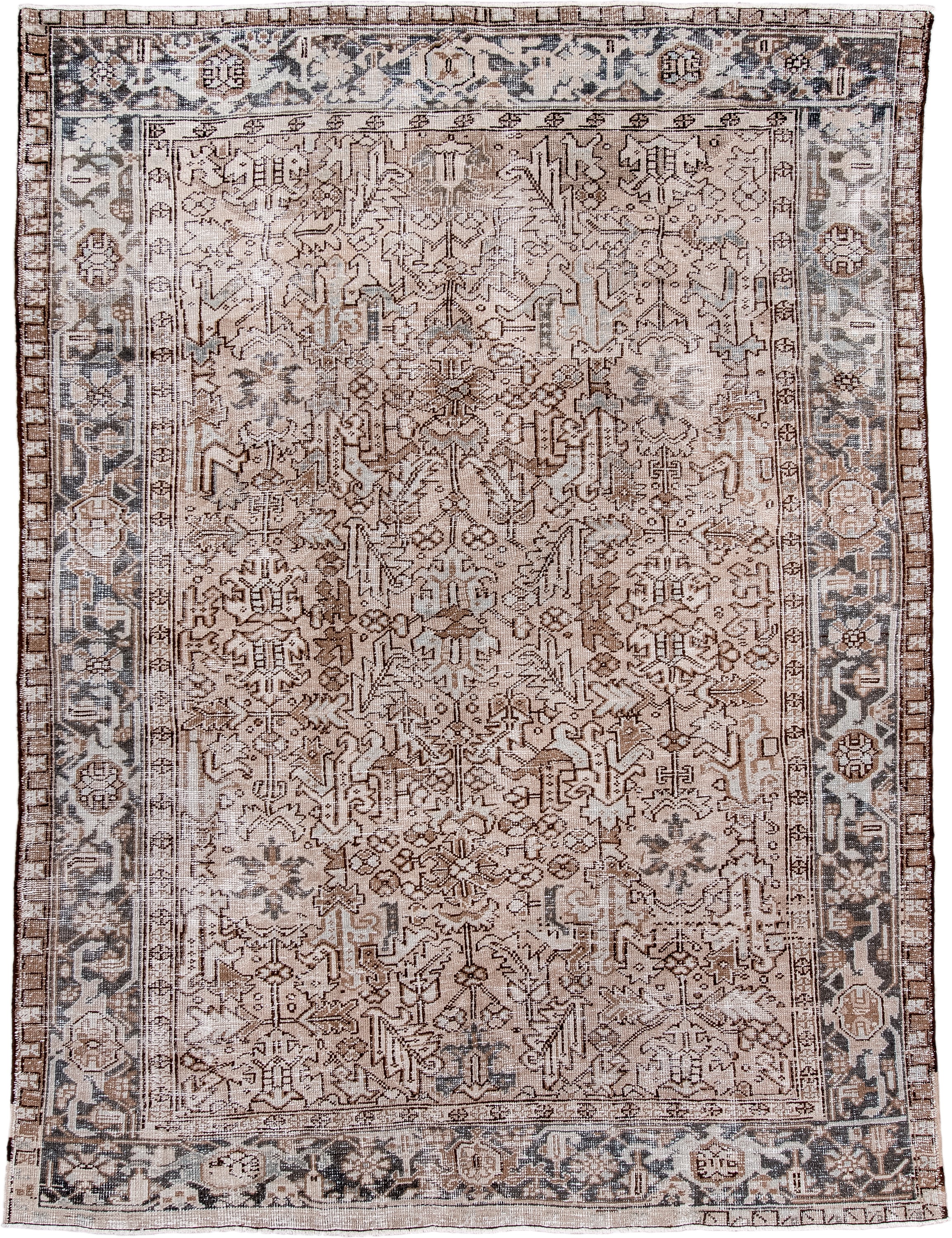7' x 10' one-of-a-kind handmade antique Heriz large size rug. Color palette: ivory, taupe, charcoal, brown, beige, slate