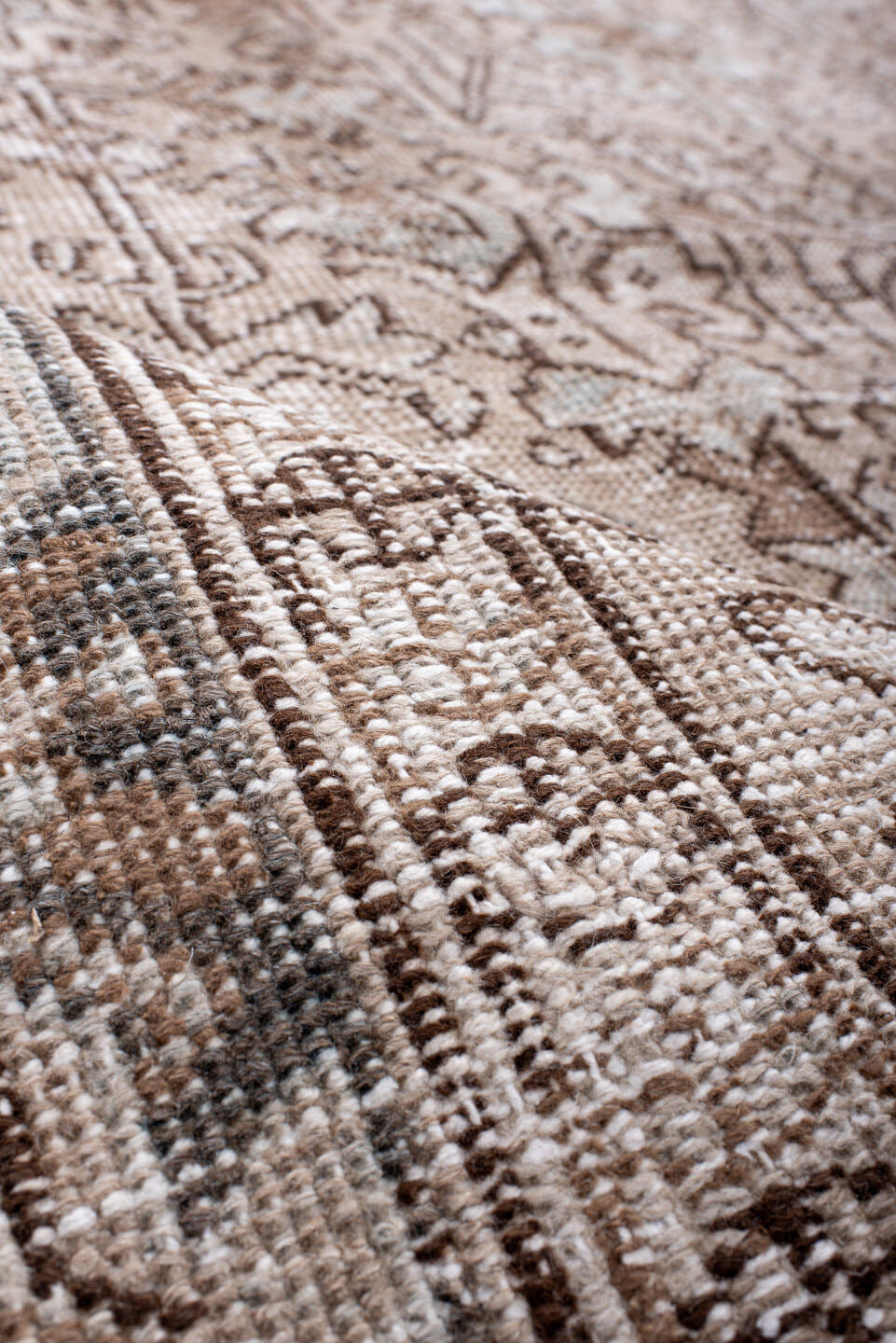 7' x 10' one-of-a-kind handmade antique Heriz large size rug. Color palette: ivory, taupe, charcoal, brown, beige, slate