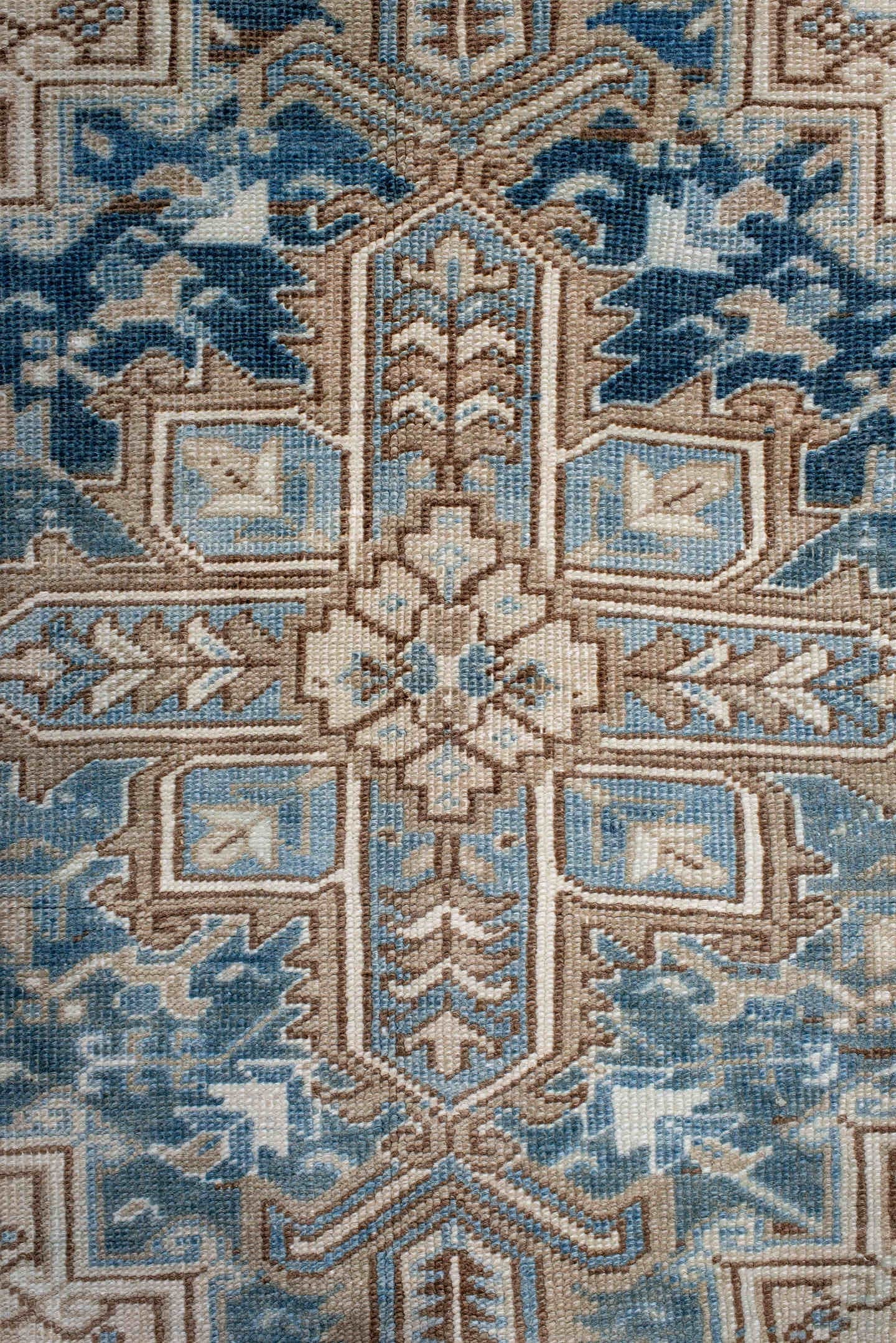 6' x 9' one-of-a-kind handmade antique Heriz medium size rug. Color palette: ivory, sky blue, denim blue, taupe, beige