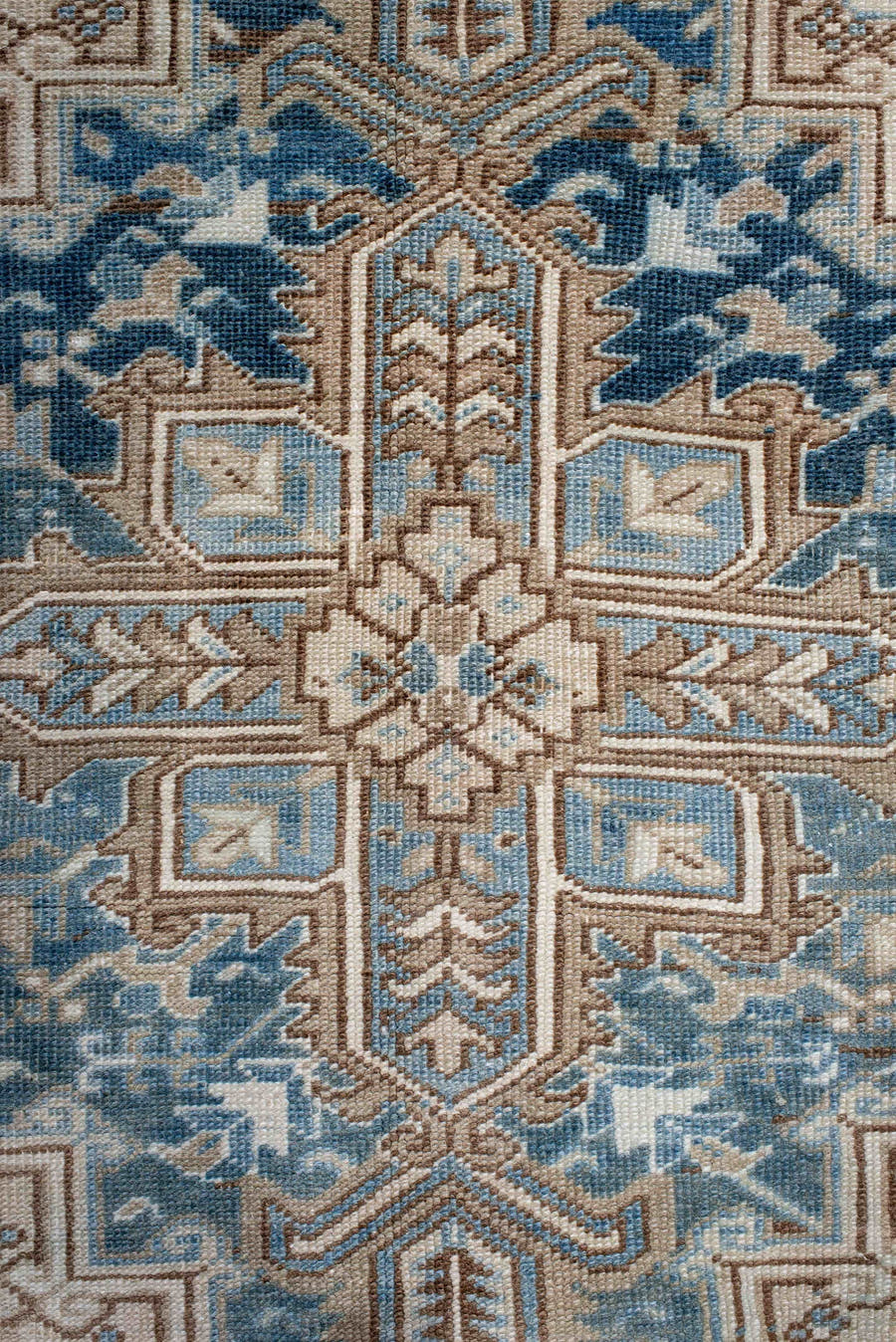 6' x 9' one-of-a-kind handmade antique Heriz medium size rug. Color palette: ivory, sky blue, denim blue, taupe, beige