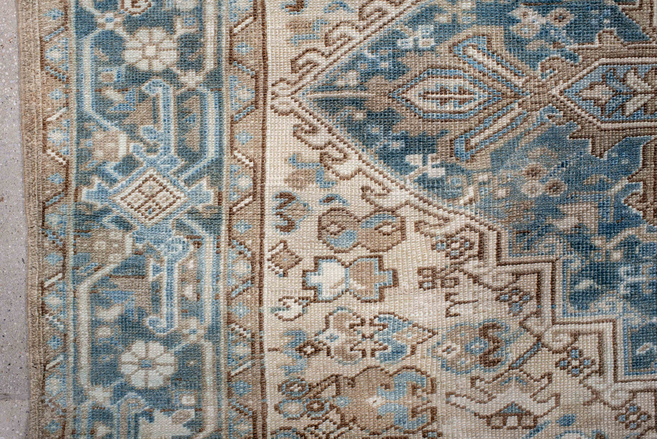 6' x 9' one-of-a-kind handmade antique Heriz medium size rug. Color palette: ivory, sky blue, denim blue, taupe, beige
