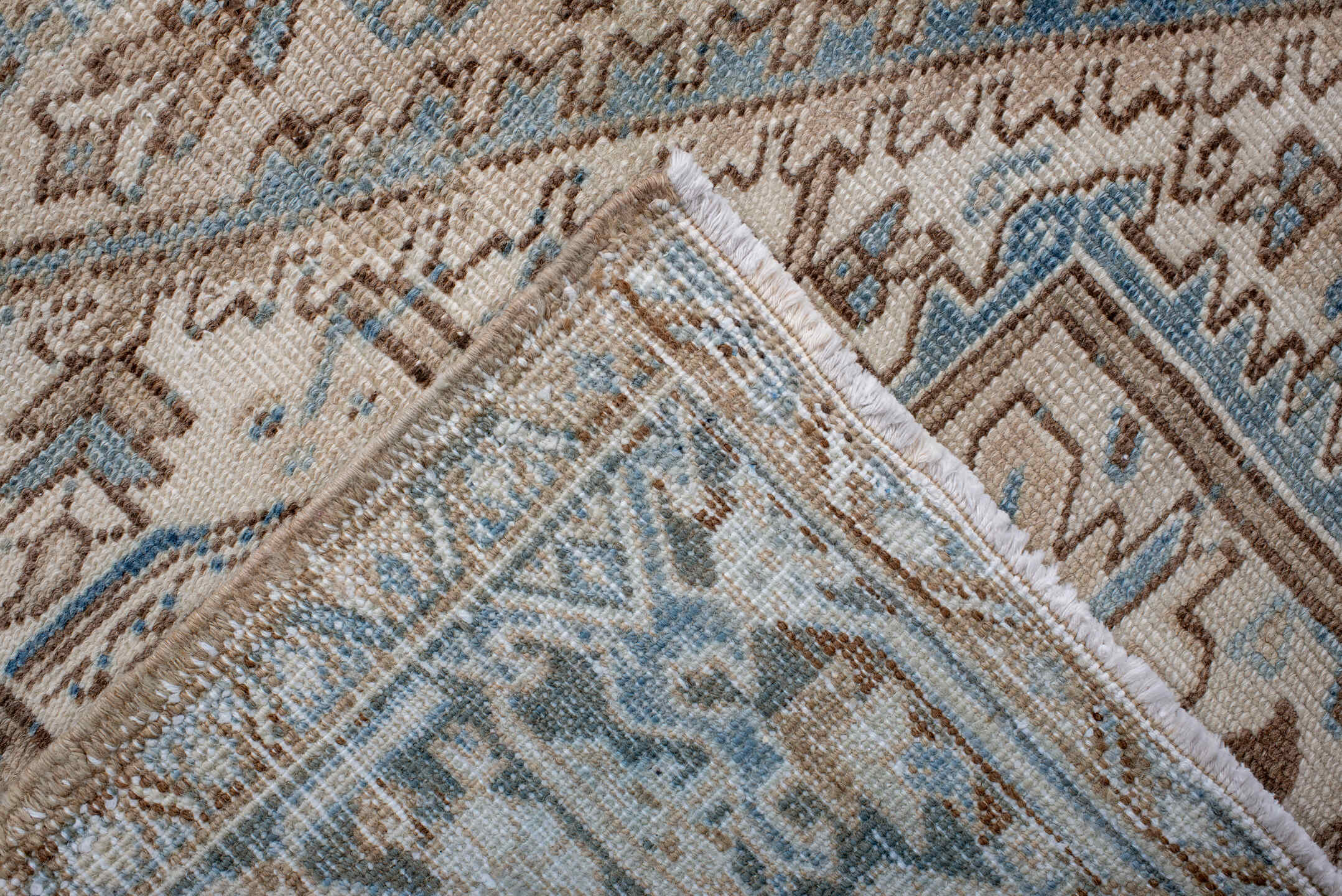 6' x 9' one-of-a-kind handmade antique Heriz medium size rug. Color palette: ivory, sky blue, denim blue, taupe, beige
