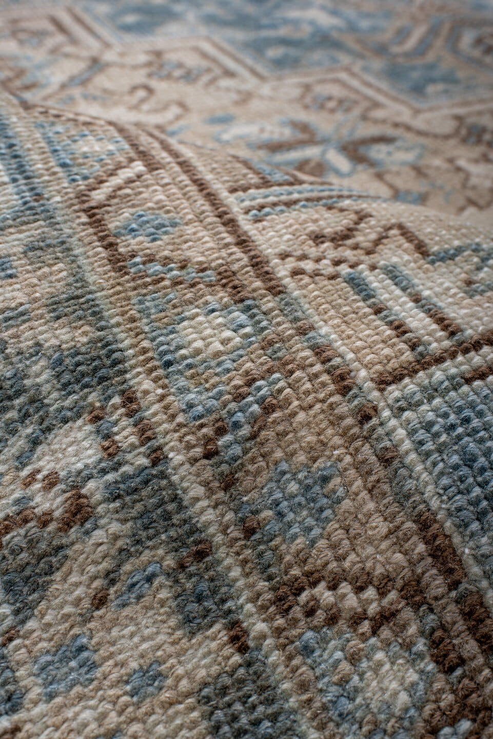 6' x 9' one-of-a-kind handmade antique Heriz medium size rug. Color palette: ivory, sky blue, denim blue, taupe, beige