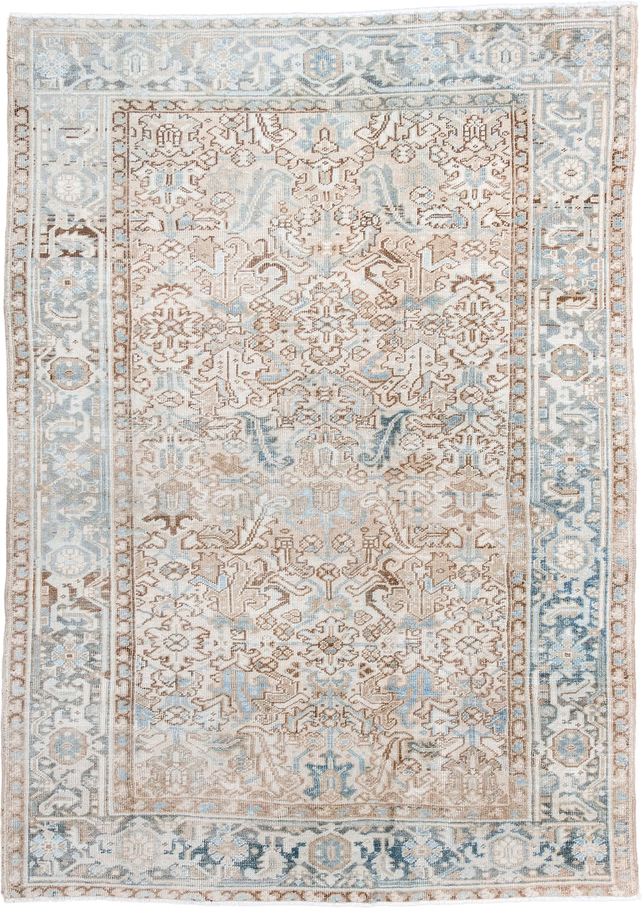 6' x 9' one-of-a-kind handmade antique Heriz medium size rug. Color palette: ivory, light blue, taupe, beige, camel