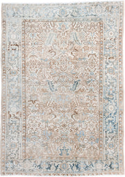 6' x 9' one-of-a-kind handmade antique Heriz medium size rug. Color palette: ivory, light blue, taupe, beige, camel
