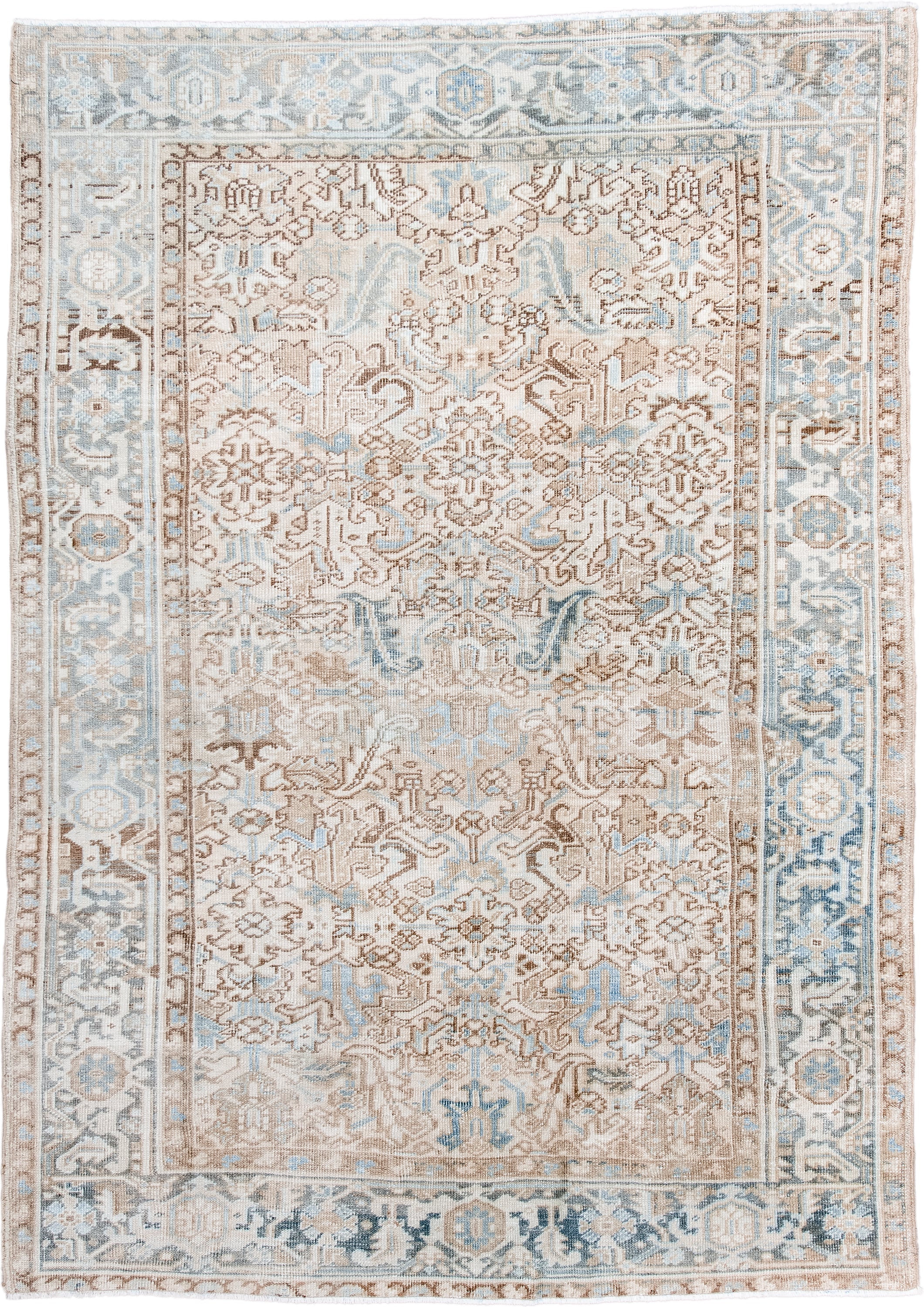 6' x 9' one-of-a-kind handmade antique Heriz medium size rug. Color palette: ivory, light blue, taupe, beige, camel