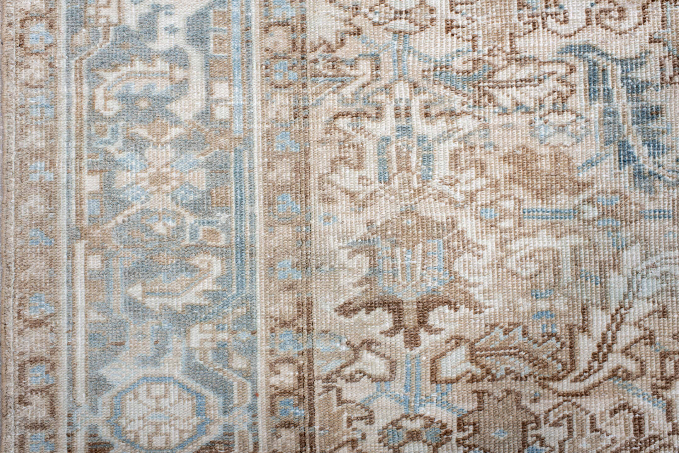 6' x 9' one-of-a-kind handmade antique Heriz medium size rug. Color palette: ivory, light blue, taupe, beige, camel