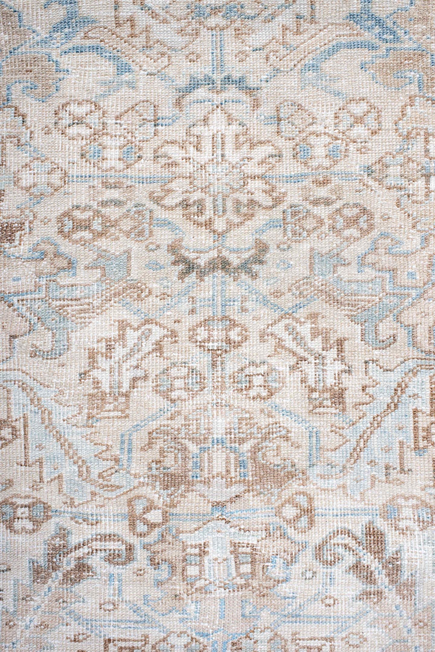 7' x 10' one-of-a-kind handmade antique Heriz large size rug. Color palette: ivory, taupe, powder_blue, beige, light_gray