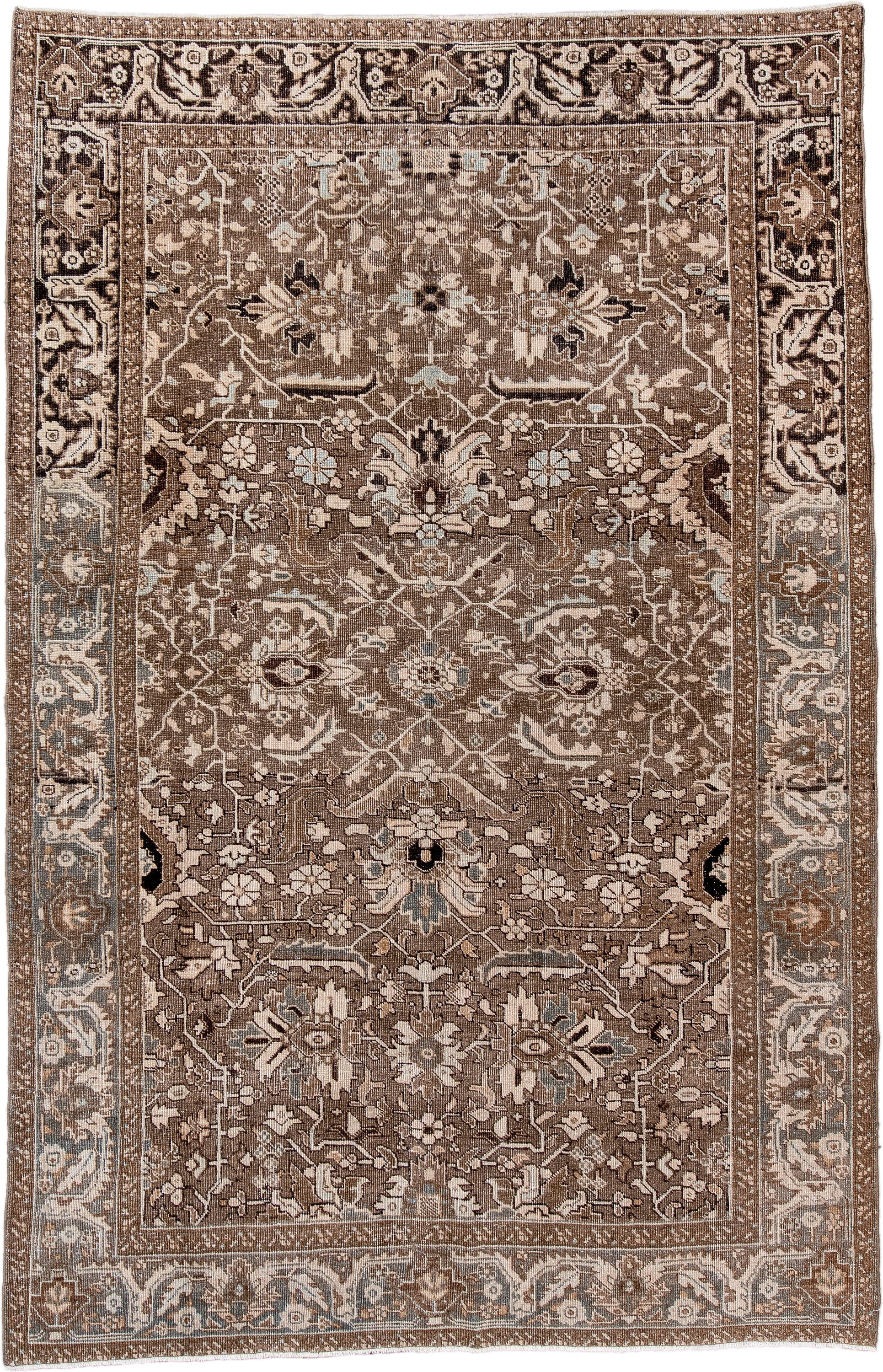 6' x 10' one-of-a-kind handmade antique Heriz large size rug. Color palette: taupe, brown, ivory, slate, beige, charcoal