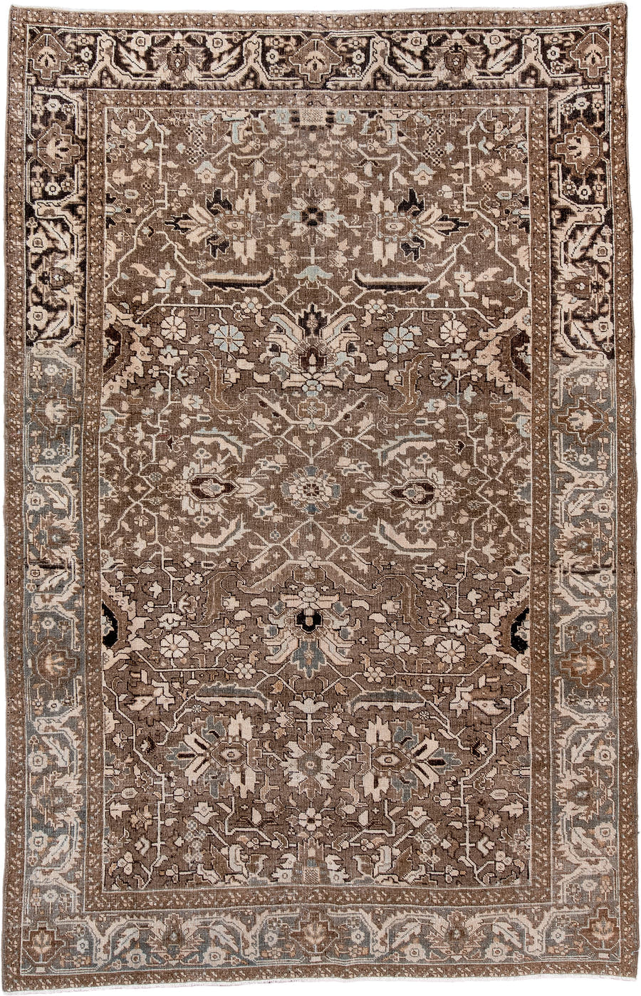 6' x 10' one-of-a-kind handmade antique Heriz large size rug. Color palette: taupe, brown, ivory, slate, beige, charcoal