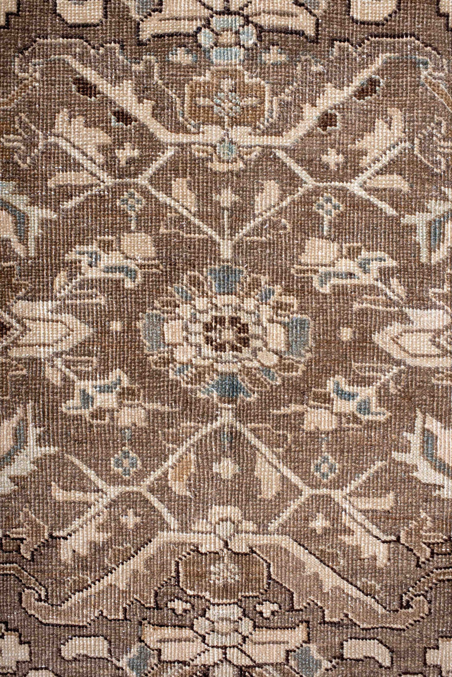 6' x 10' one-of-a-kind handmade antique Heriz large size rug. Color palette: taupe, brown, ivory, slate, beige, charcoal