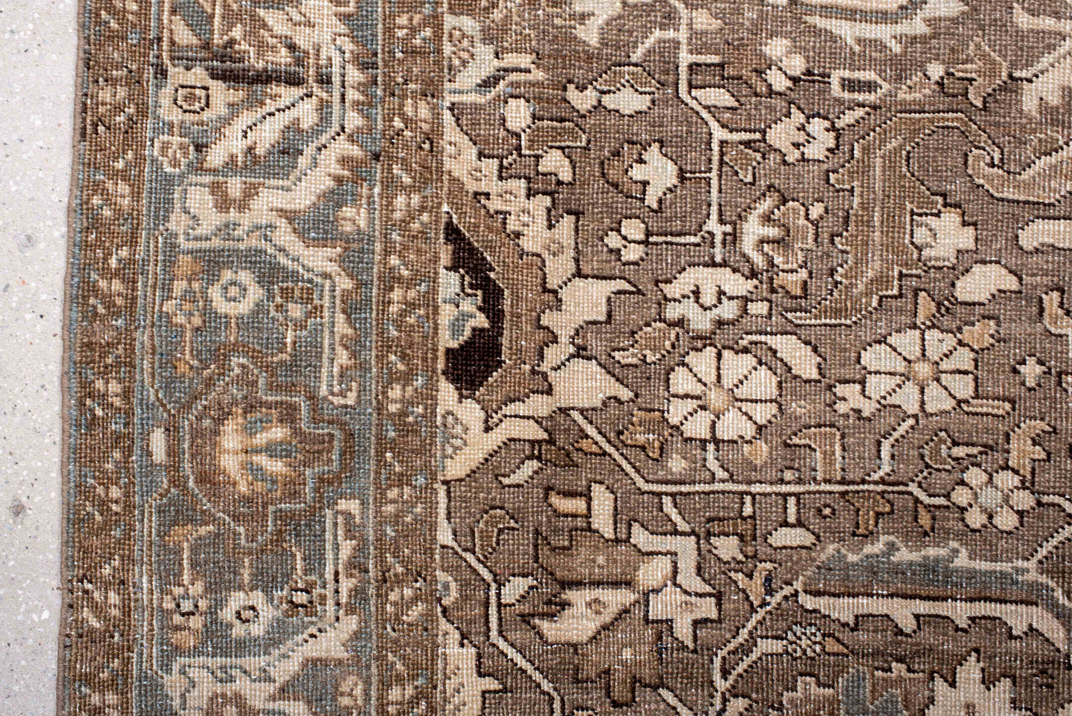 6' x 10' one-of-a-kind handmade antique Heriz large size rug. Color palette: taupe, brown, ivory, slate, beige, charcoal