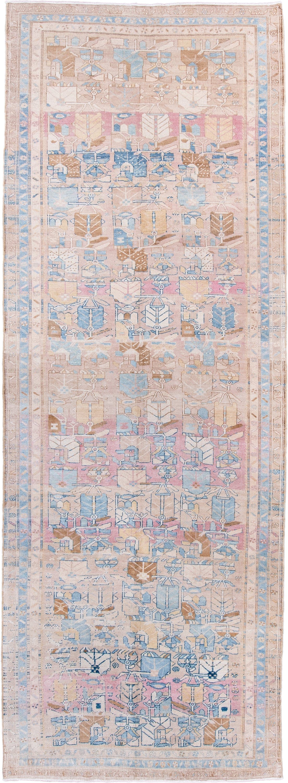 6' x 13' one-of-a-kind handmade antique Sarab large size rug. Color palette: blush, pale blue, ivory, camel, taupe, rose