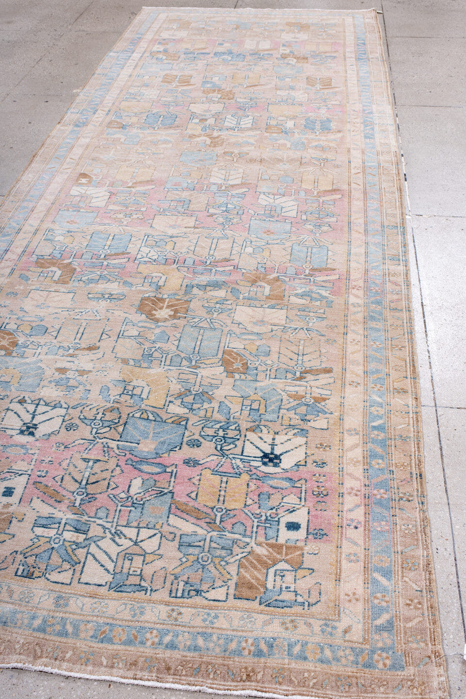 6' x 13' one-of-a-kind handmade antique Sarab large size rug. Color palette: blush, pale blue, ivory, camel, taupe, rose