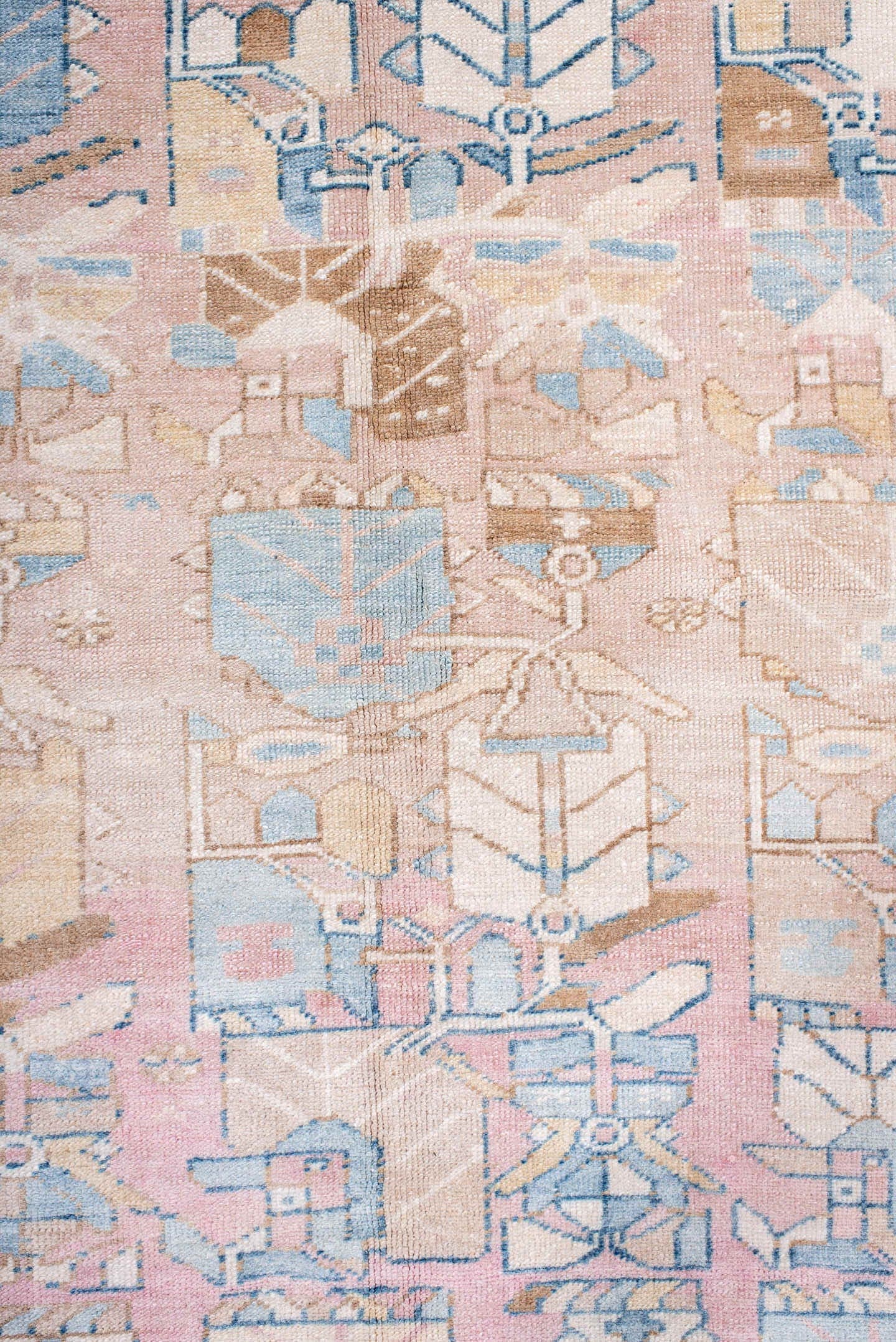 6' x 13' one-of-a-kind handmade antique Sarab large size rug. Color palette: blush, pale blue, ivory, camel, taupe, rose