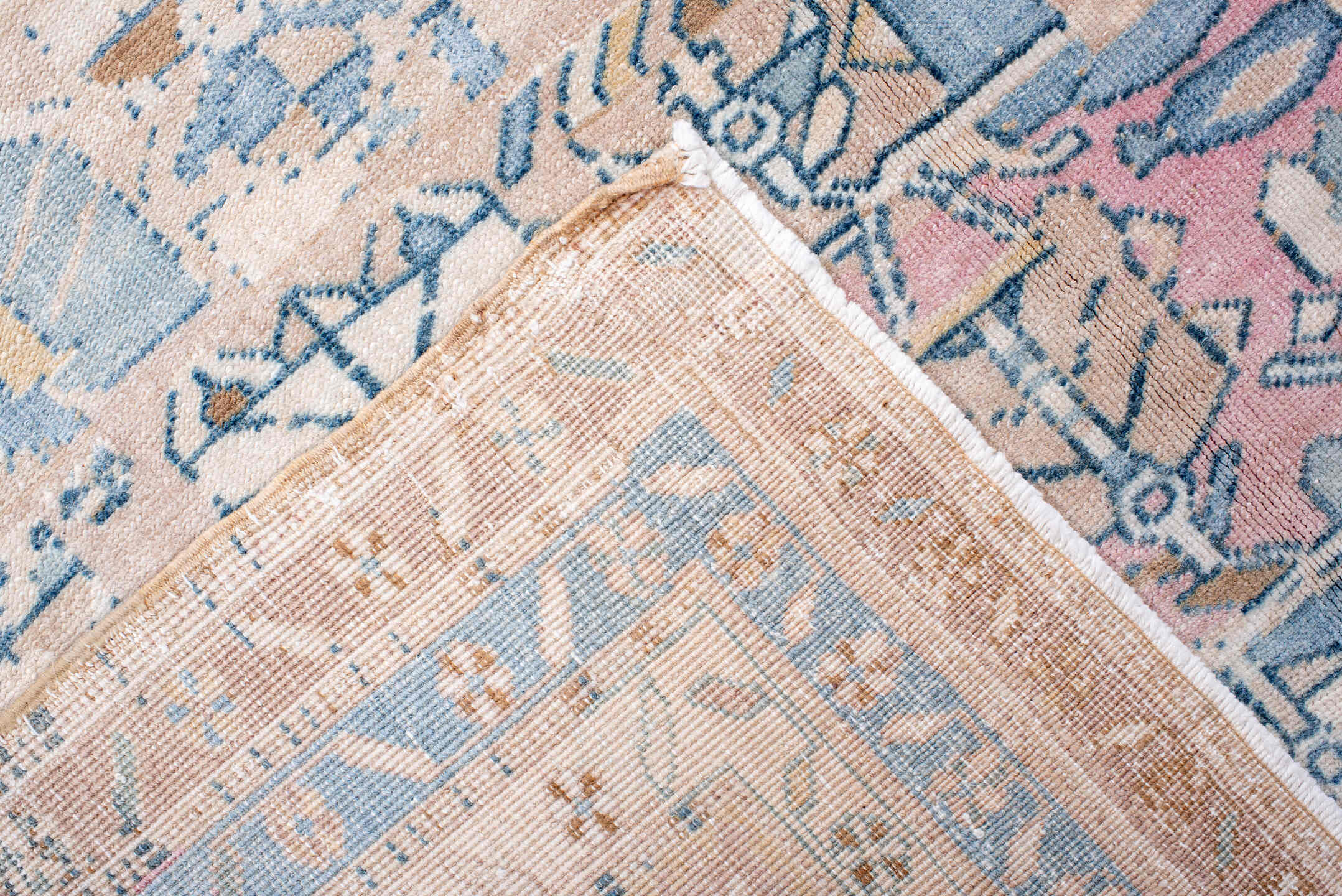 6' x 13' one-of-a-kind handmade antique Sarab large size rug. Color palette: blush, pale blue, ivory, camel, taupe, rose