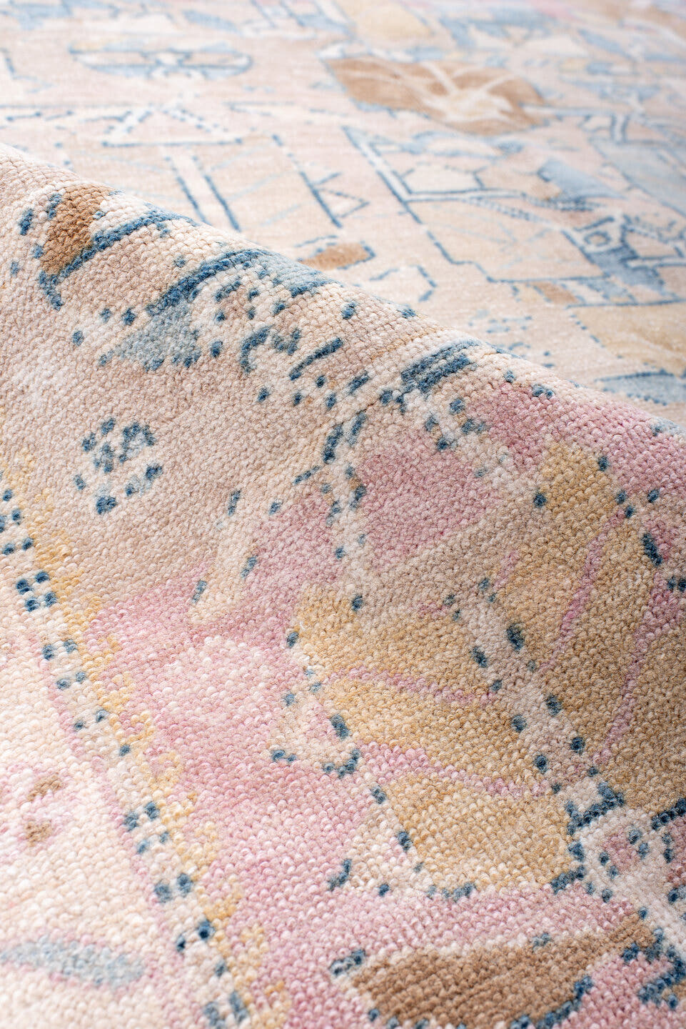 6' x 13' one-of-a-kind handmade antique Sarab large size rug. Color palette: blush, pale blue, ivory, camel, taupe, rose
