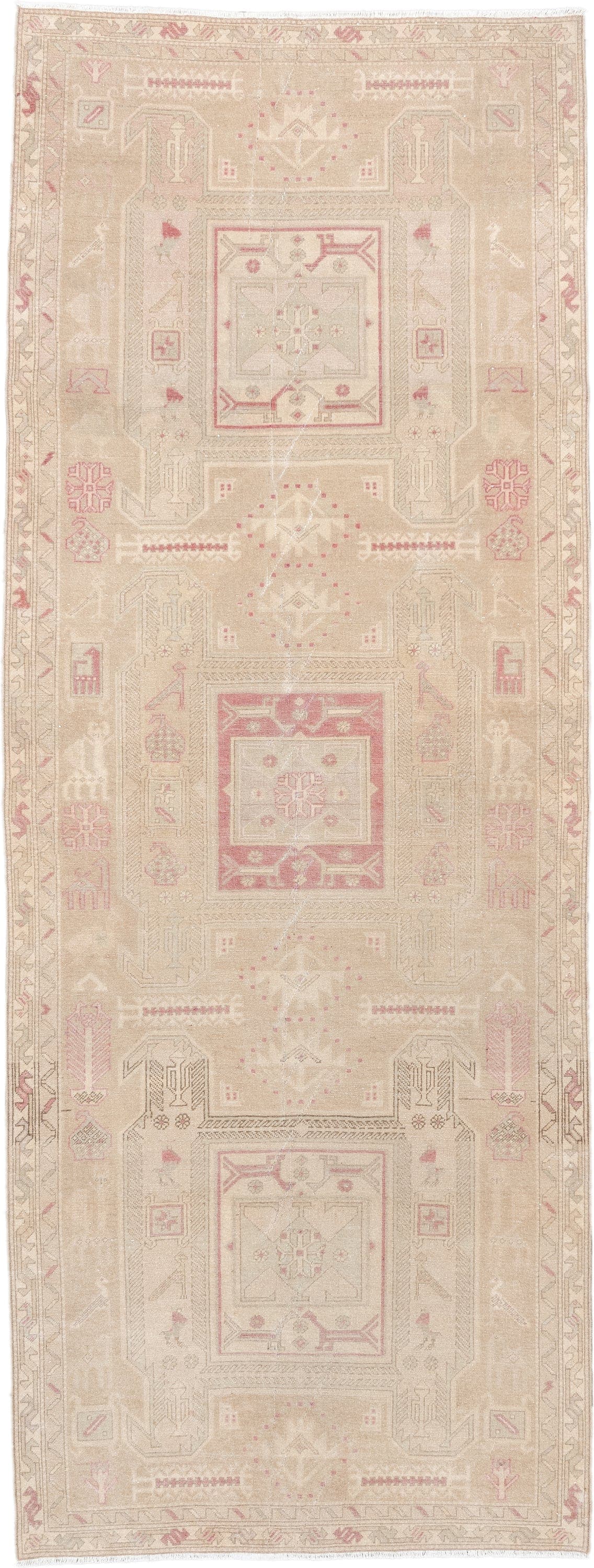 3' x 9' one-of-a-kind handmade antique Sivas runner rug. Color palette: ivory, blush, sand, taupe, pale rose, beige, pink