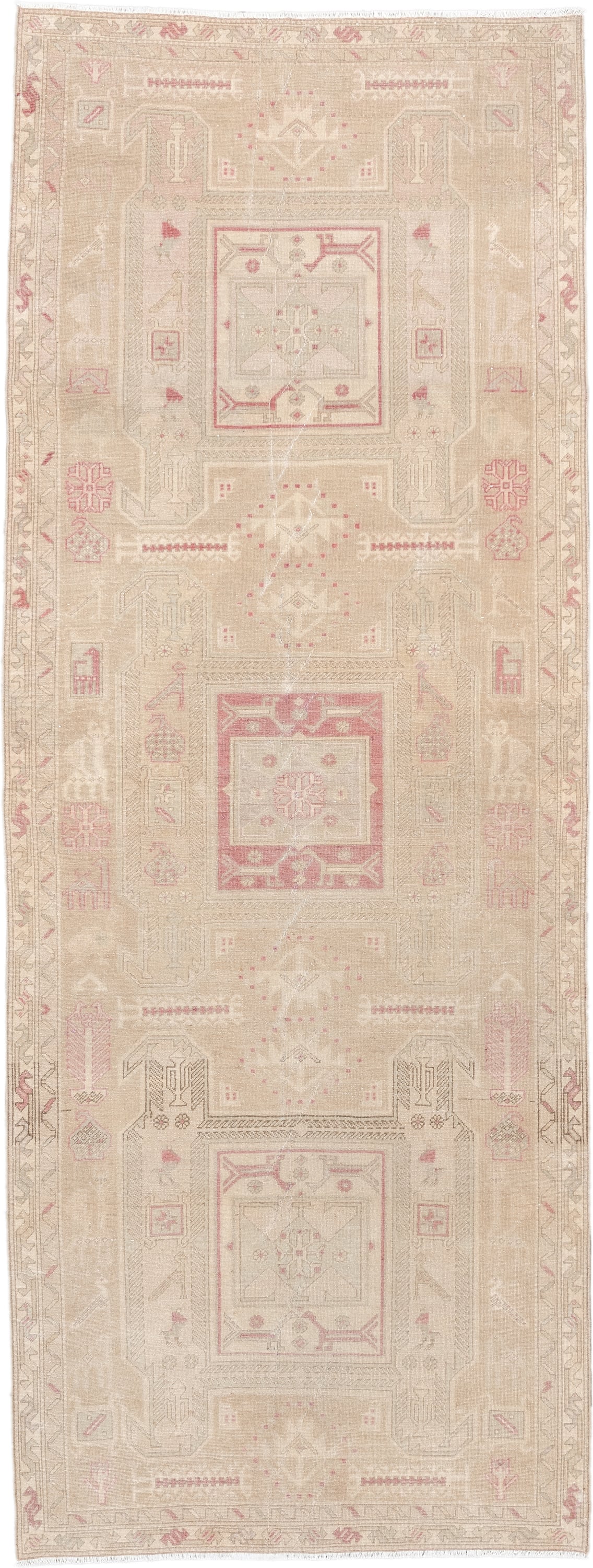3' x 9' one-of-a-kind handmade antique Sivas runner rug. Color palette: ivory, blush, sand, taupe, pale rose, beige, pink