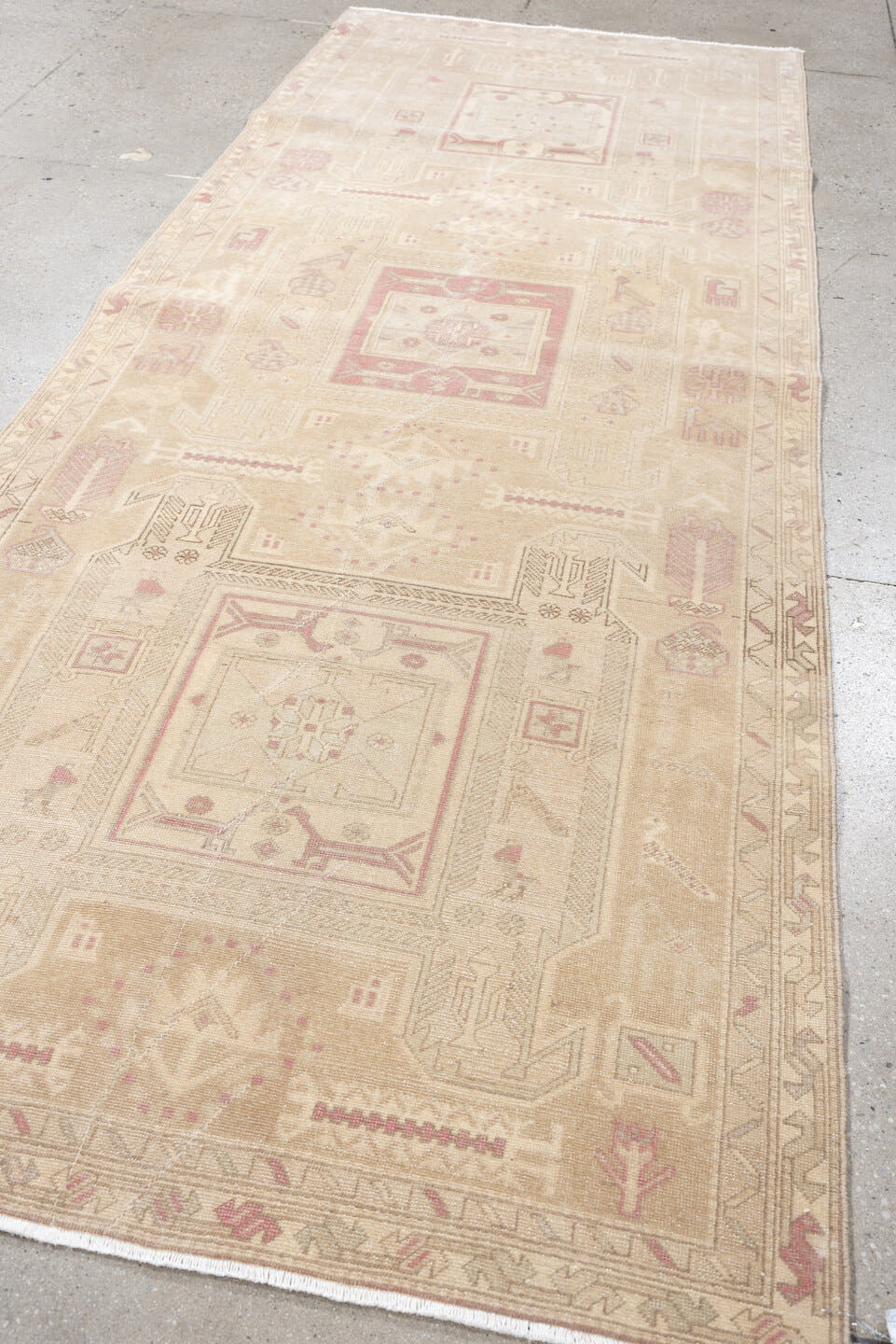 3' x 9' one-of-a-kind handmade antique Sivas runner rug. Color palette: ivory, blush, sand, taupe, pale rose, beige, pink