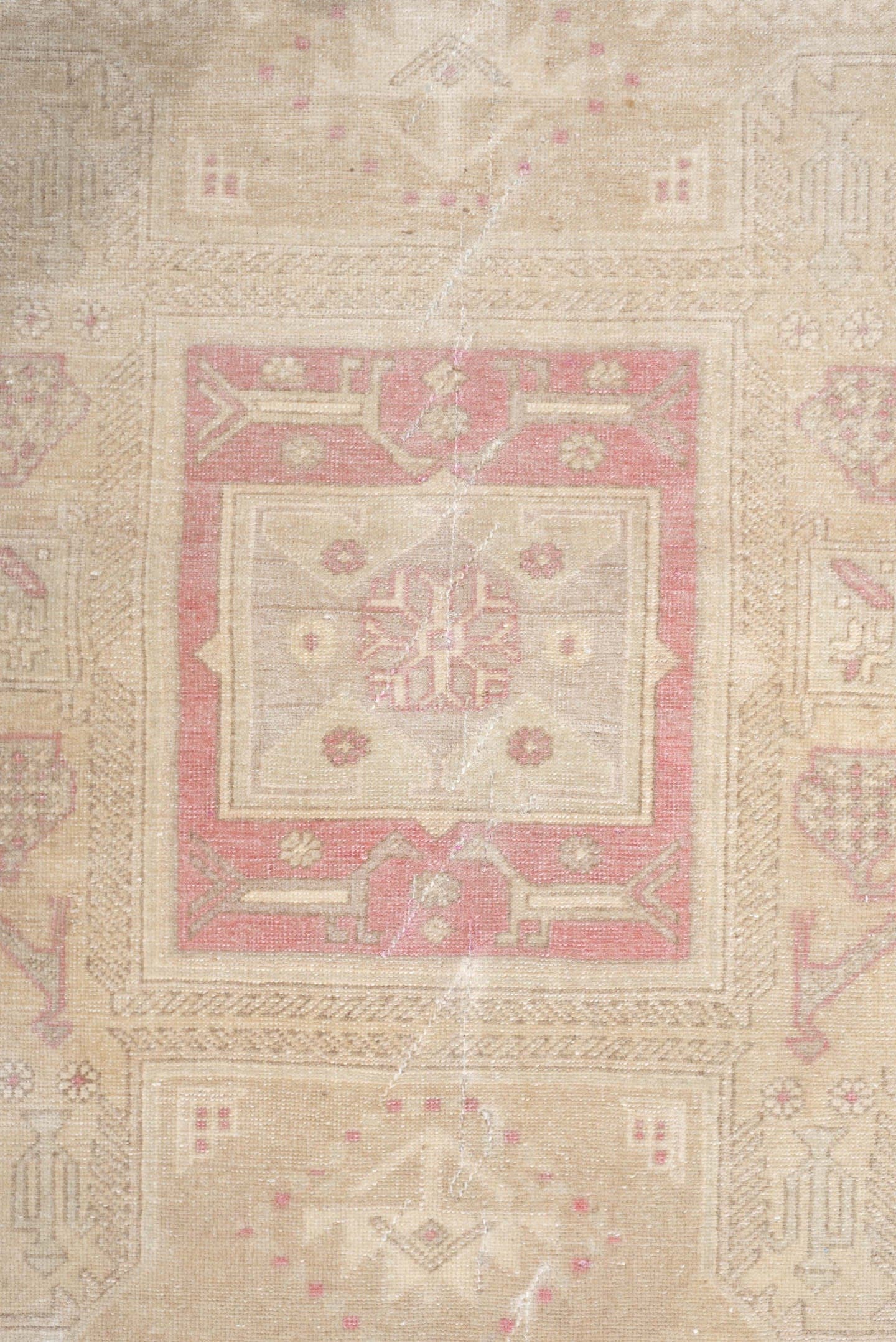 3' x 9' one-of-a-kind handmade antique Sivas runner rug. Color palette: ivory, blush, sand, taupe, pale rose, beige, pink